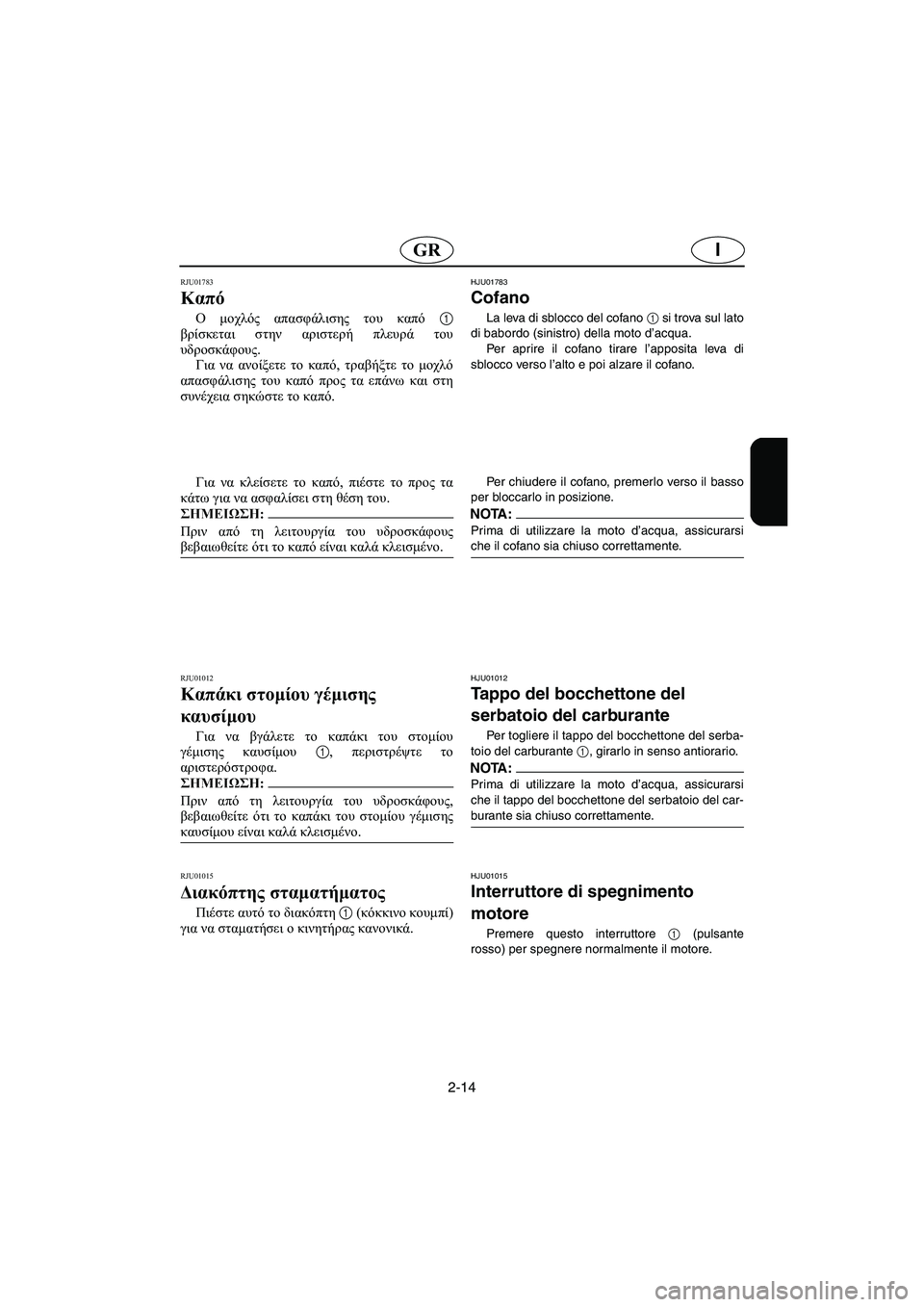 YAMAHA FX 2003  Manual de utilização (in Portuguese) 2-14
IGR
RJU01783
Καπό 
Ο μοχλός απασφάλισης του καπό 1
βρίσκεται στην αριστερή πλευρά του
υδροσκάφους. 
Για να ανοίξε