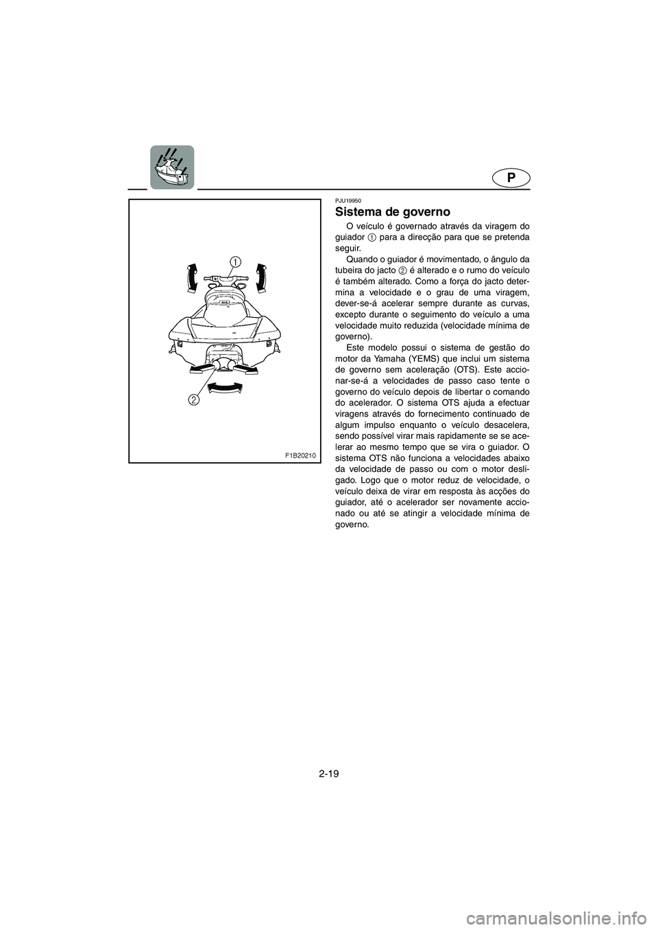 YAMAHA FX 2003  Manual de utilização (in Portuguese) 2-19
P
PJU19950
Sistema de governo 
O veículo é governado através da viragem do
guiador 1
 para a direcção para que se pretenda
seguir. 
Quando o guiador é movimentado, o ângulo da
tubeira do j