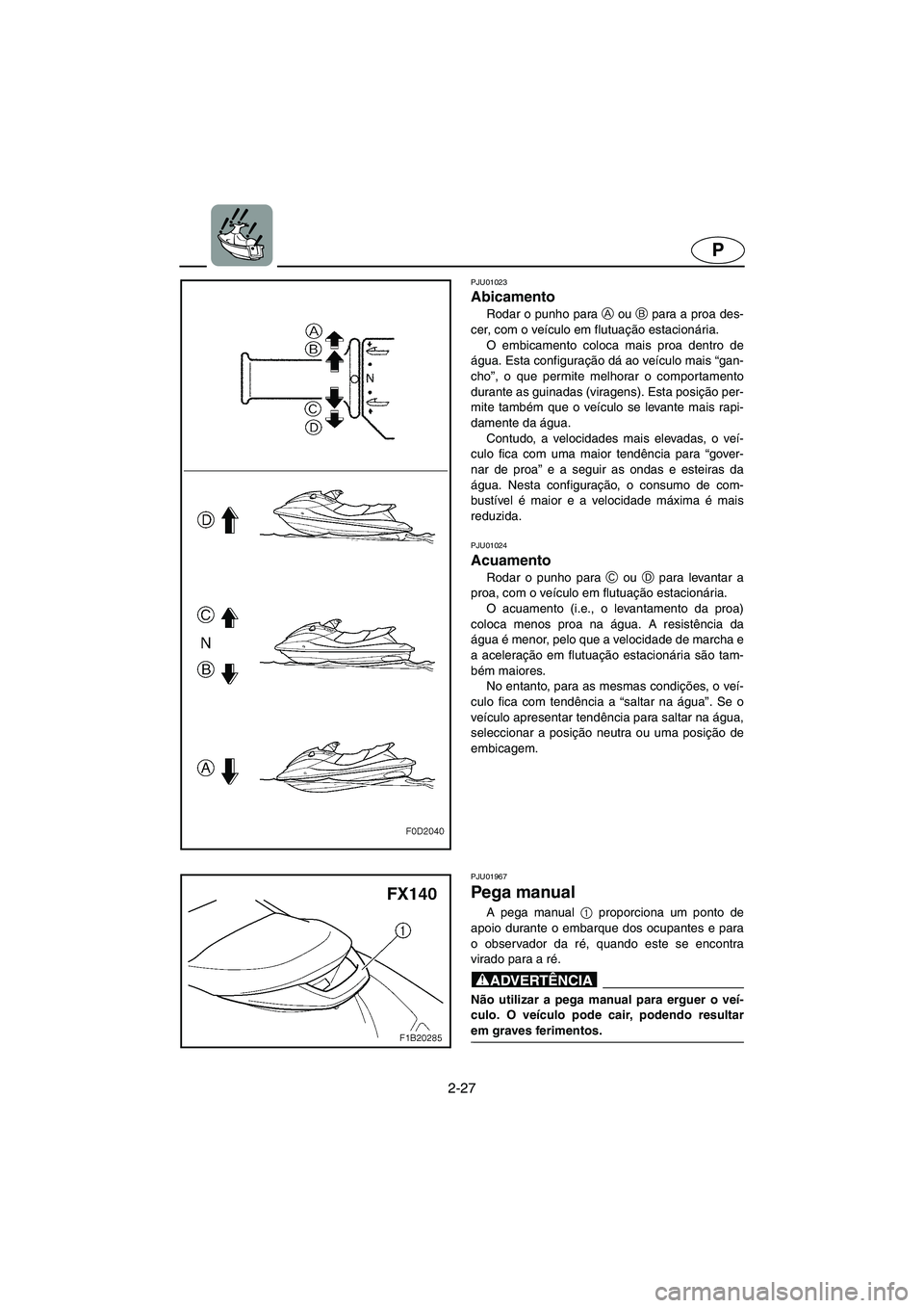 YAMAHA FX 2003  Manuale duso (in Italian) 2-27
P
PJU01967 
Pega manual 
A pega manual 1
 proporciona um ponto de
apoio durante o embarque dos ocupantes e para
o observador da ré, quando este se encontra
virado para a ré.
@ Não utilizar a p