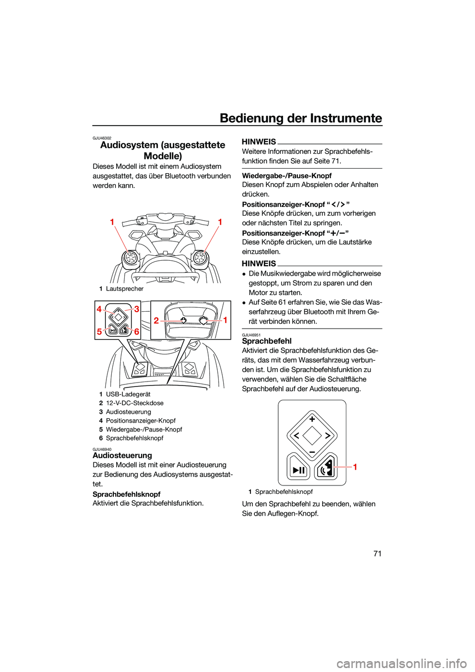 YAMAHA FX HO CRUISER 2022 Betriebsanleitungen (in German) Bedienung der Instrumente
71
GJU46302
Audiosystem (ausgestattete Modelle)
Dieses Modell ist mit einem Audiosystem
ausgestattet, das über Bluetooth verbunden
werden kann.
GJU46940Audiosteuerung
Dies YAMAHA FX HO CRUISER 2022 Betriebsanleitungen (in German) Bedienung der Instrumente
71
GJU46302
Audiosystem (ausgestattete Modelle)
Dieses Modell ist mit einem Audiosystem
ausgestattet, das über Bluetooth verbunden
werden kann.
GJU46940Audiosteuerung
Dies