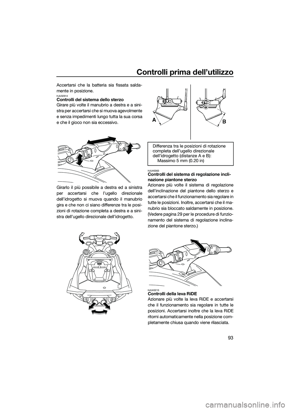YAMAHA FX HO 2022 Manuale duso (in Italian) Controlli prima dell’utilizzo
93
Accertarsi che la batteria sia fissata salda-
mente in posizione.
HJU32614Controlli del sistema dello sterzo
Girare più volte il manubrio a destra e a sini-
stra pe YAMAHA FX HO 2022 Manuale duso (in Italian) Controlli prima dell’utilizzo
93
Accertarsi che la batteria sia fissata salda-
mente in posizione.
HJU32614Controlli del sistema dello sterzo
Girare più volte il manubrio a destra e a sini-
stra pe