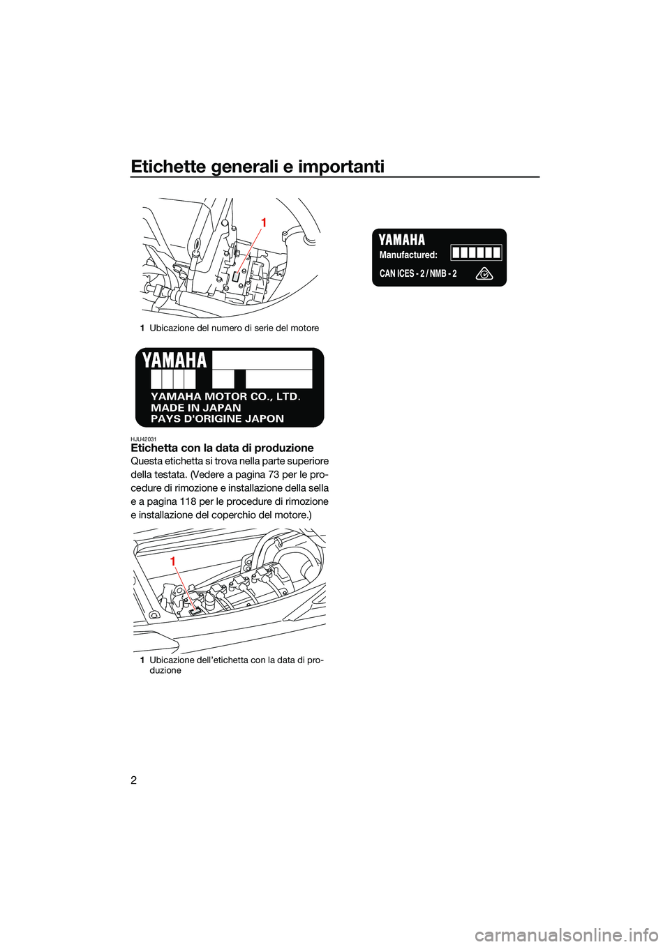 YAMAHA FX HO 2022  Manuale duso (in Italian) Etichette generali e importanti
2
HJU42031Etichetta con la data di produzione
Questa etichetta si trova nella parte superiore
della testata. (Vedere a pagina 73 per le pro-
cedure di rimozione e insta