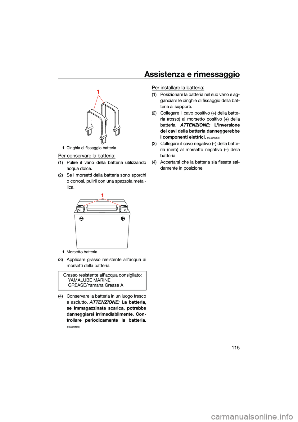 YAMAHA FX HO 2022 Manuale duso (in Italian) Assistenza e rimessaggio
115
Per conservare la batteria:
(1) Pulire il vano della batteria utilizzandoacqua dolce.
(2) Se i morsetti della batteria sono sporchi o corrosi, pulirli con una spazzola met YAMAHA FX HO 2022 Manuale duso (in Italian) Assistenza e rimessaggio
115
Per conservare la batteria:
(1) Pulire il vano della batteria utilizzandoacqua dolce.
(2) Se i morsetti della batteria sono sporchi o corrosi, pulirli con una spazzola met