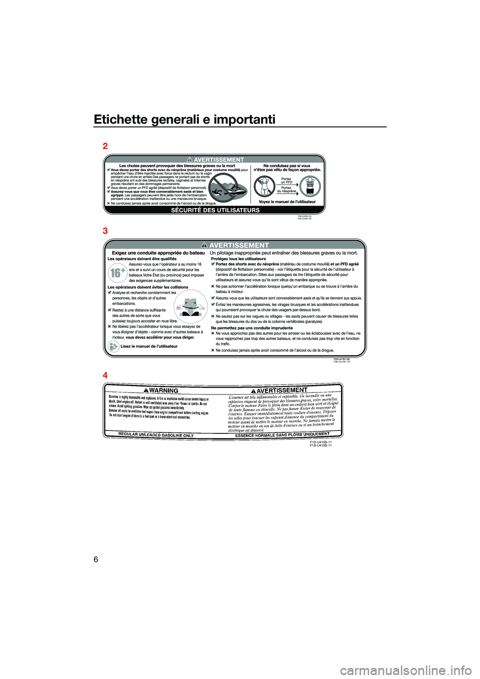 YAMAHA FX HO 2022  Manuale duso (in Italian) Etichette generali e importanti
6
F1S-U415B-11
F1B-U415B-11
2
3
4
F3V-U41B1-20
F3V-U41B1-30
F3V-U41B1-10
UF3V73H0.book  Page 6  Friday, October 1, 2021  9:22 AM 