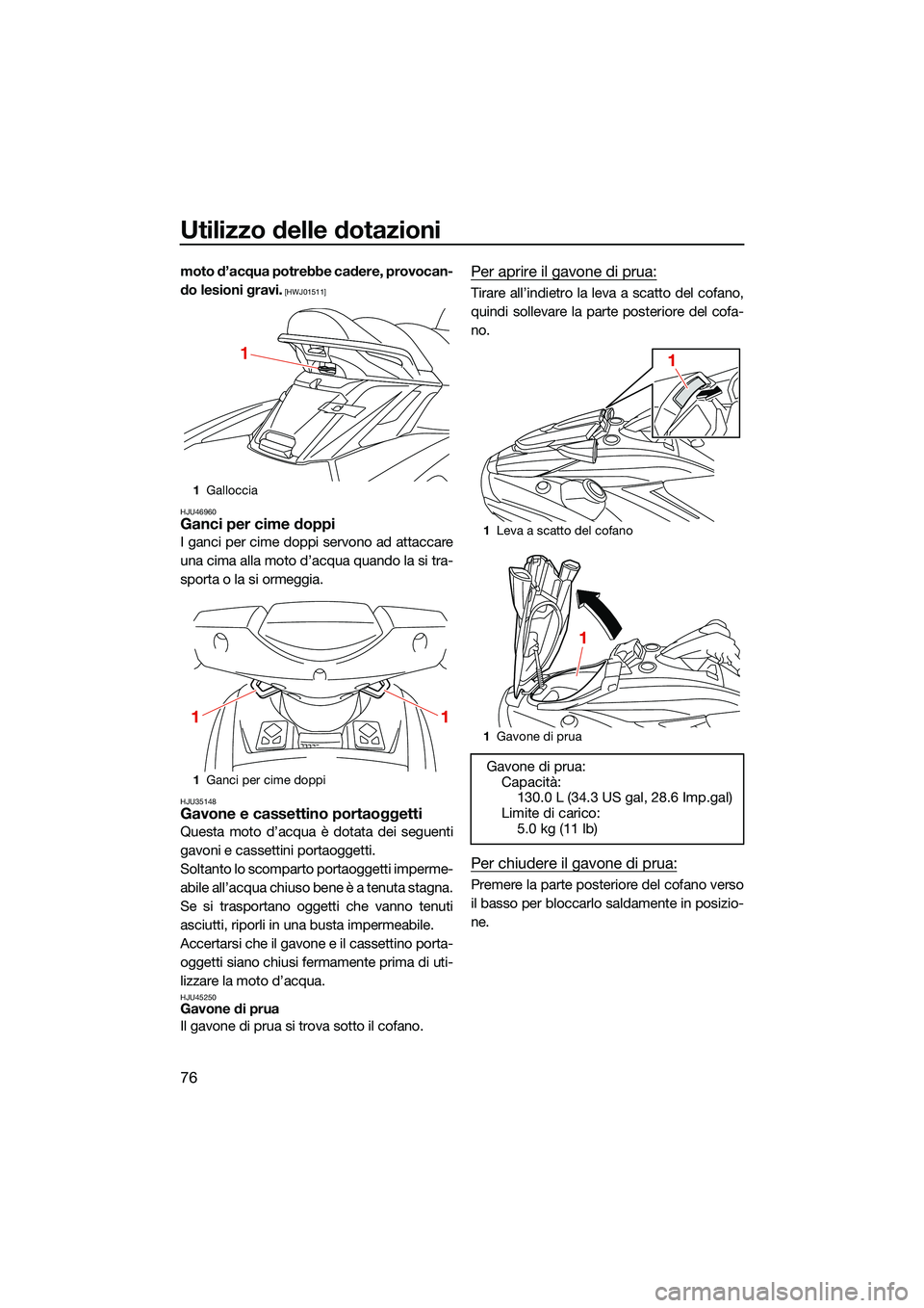YAMAHA FX HO 2022  Manuale duso (in Italian) Utilizzo delle dotazioni
76
moto d’acqua potrebbe cadere, provocan-
do lesioni gravi.
 [HWJ01511]
HJU46960
Ganci per cime doppi
I ganci per cime doppi servono ad attaccare
una cima alla moto d’acq