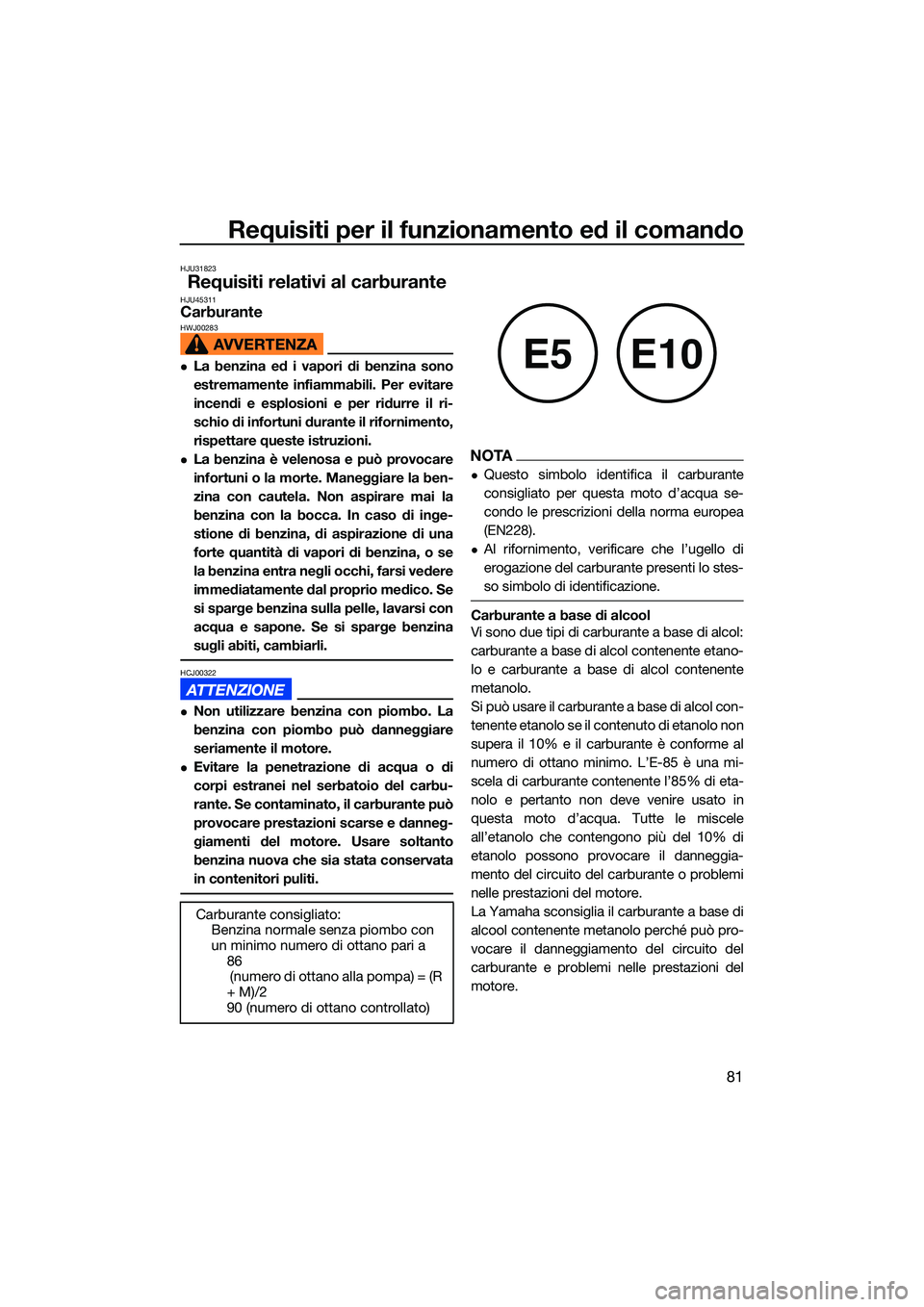 YAMAHA FX HO 2022  Manuale duso (in Italian) Requisiti per il funzionamento ed il comando
81
HJU31823
Requisiti relativi al carburanteHJU45311CarburanteHWJ00283
La benzina ed i vapori di benzina sono
estremamente infiammabili. Per evitare
inc
