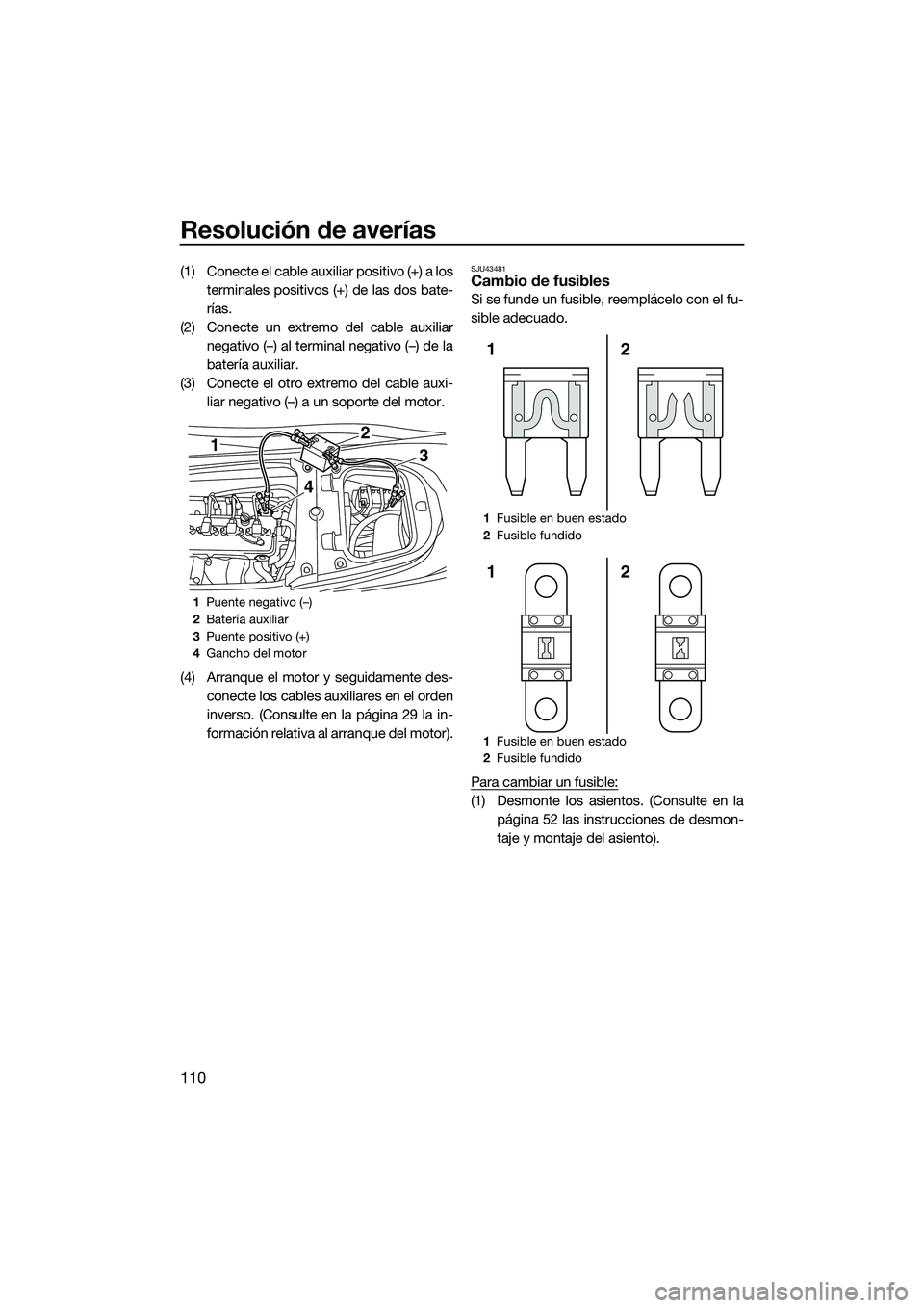 YAMAHA FX HO 2015  Manuale de Empleo (in Spanish) Resolución de averías
110
(1) Conecte el cable auxiliar positivo (+) a losterminales positivos (+) de las dos bate-
rías.
(2) Conecte un extremo del cable auxiliar negativo (–) al terminal negati