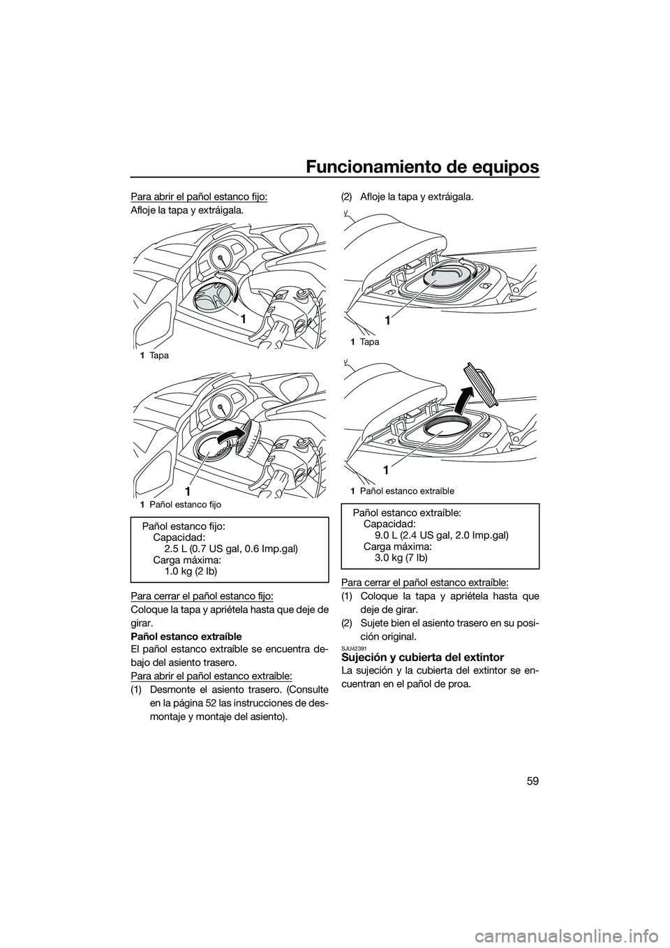 YAMAHA FX HO 2015  Manuale de Empleo (in Spanish) Funcionamiento de equipos
59
Para abrir el pañol estanco fijo:
Afloje la tapa y extráigala.
Para cerrar el pañol estanco fijo:
Coloque la tapa y apriétela hasta que deje de
girar.
Pañol estanco e