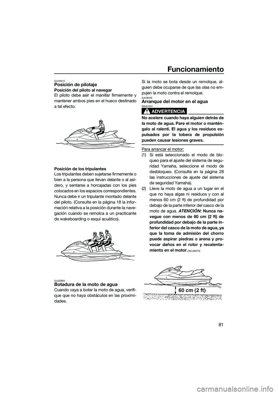 YAMAHA FX HO 2015  Manuale de Empleo (in Spanish) Funcionamiento
81
SJU40212Posición de pilotaje
Posición del piloto al navegar
El piloto debe asir el manillar firmemente y
mantener ambos pies en el hueco destinado
a tal efecto.
Posición de los tr
