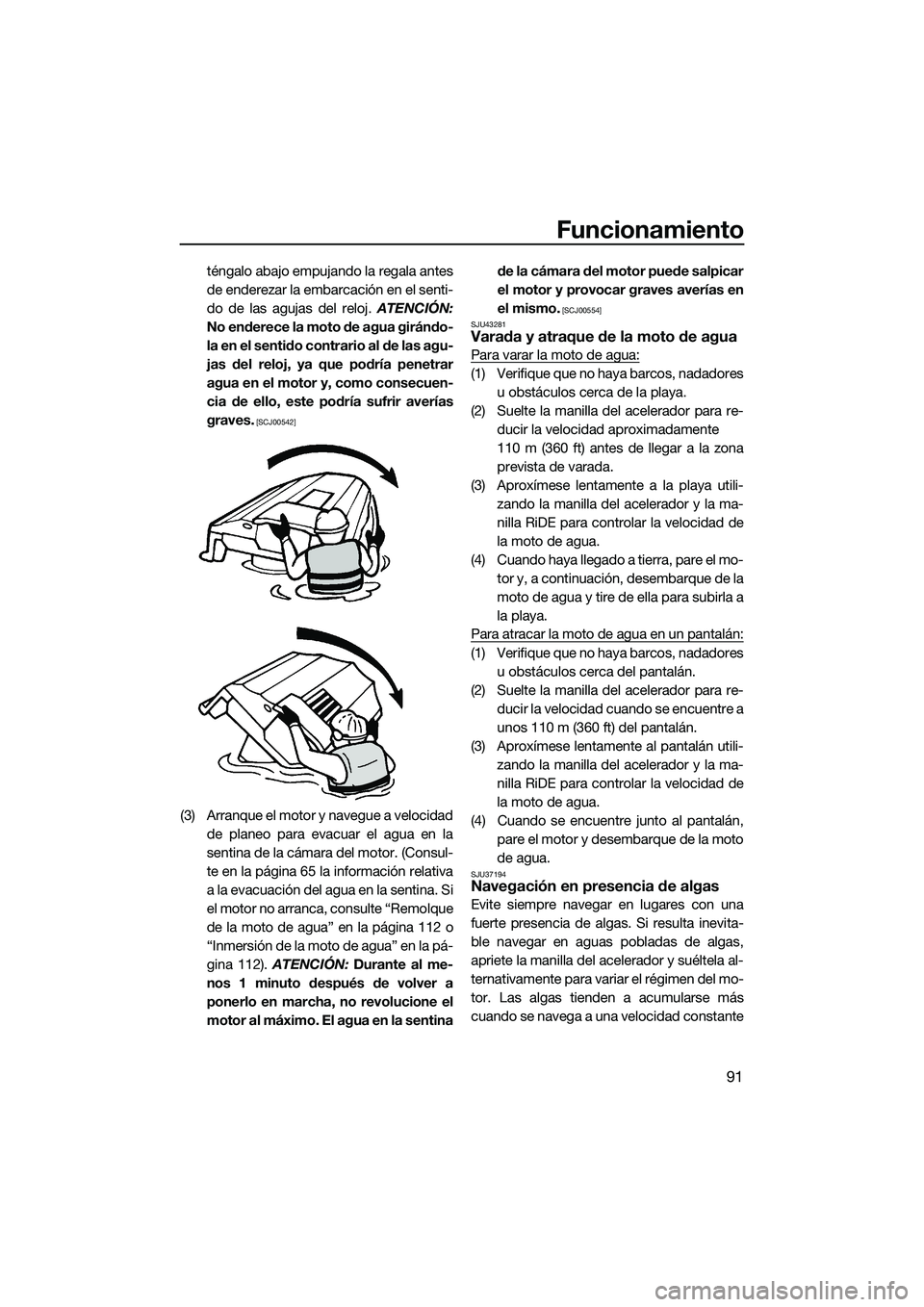 YAMAHA FX HO 2015 Manuale de Empleo (in Spanish) Funcionamiento
91
téngalo abajo empujando la regala antes
de enderezar la embarcación en el senti-
do de las agujas del reloj. ATENCIÓN:
No enderece la moto de agua girándo-
la en el sentido contr YAMAHA FX HO 2015 Manuale de Empleo (in Spanish) Funcionamiento
91
téngalo abajo empujando la regala antes
de enderezar la embarcación en el senti-
do de las agujas del reloj. ATENCIÓN:
No enderece la moto de agua girándo-
la en el sentido contr