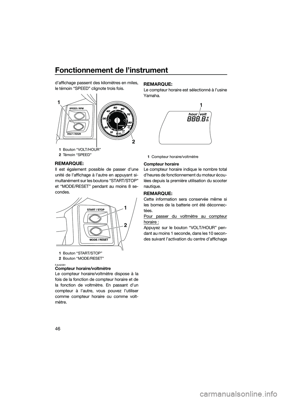 YAMAHA FX HO 2015  Notices Demploi (in French) Fonctionnement de l’instrument
46
d’affichage passent des kilomètres en miles,
le témoin “SPEED” clignote trois fois.
REMARQUE:
Il est également possible de passer d’une
unité de l’aff