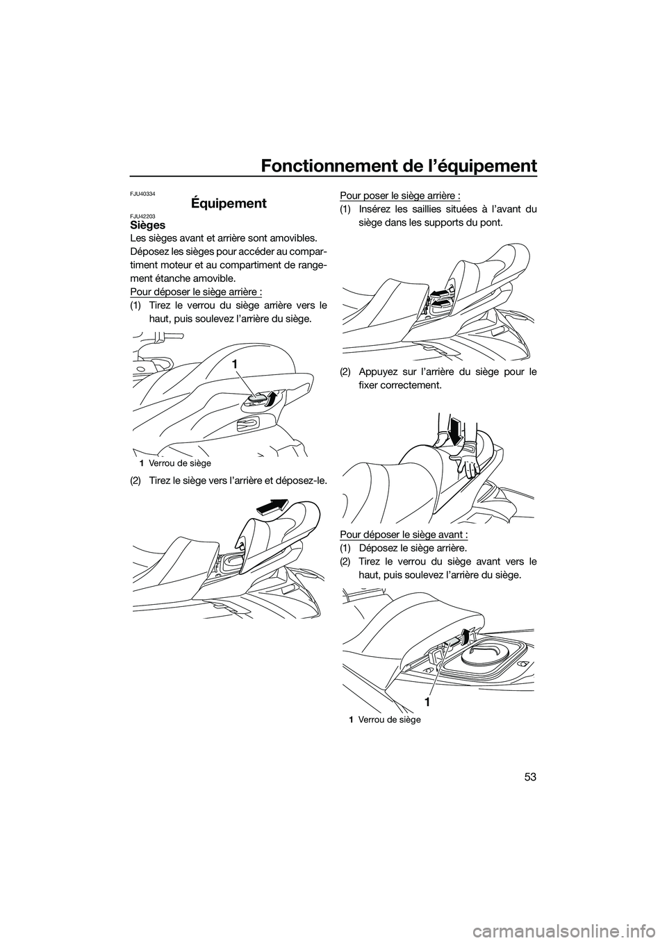 YAMAHA FX HO 2015  Notices Demploi (in French) Fonctionnement de l’équipement
53
FJU40334
ÉquipementFJU42203Sièges
Les sièges avant et arrière sont amovibles.
Déposez les sièges pour accéder au compar-
timent moteur et au compartiment de