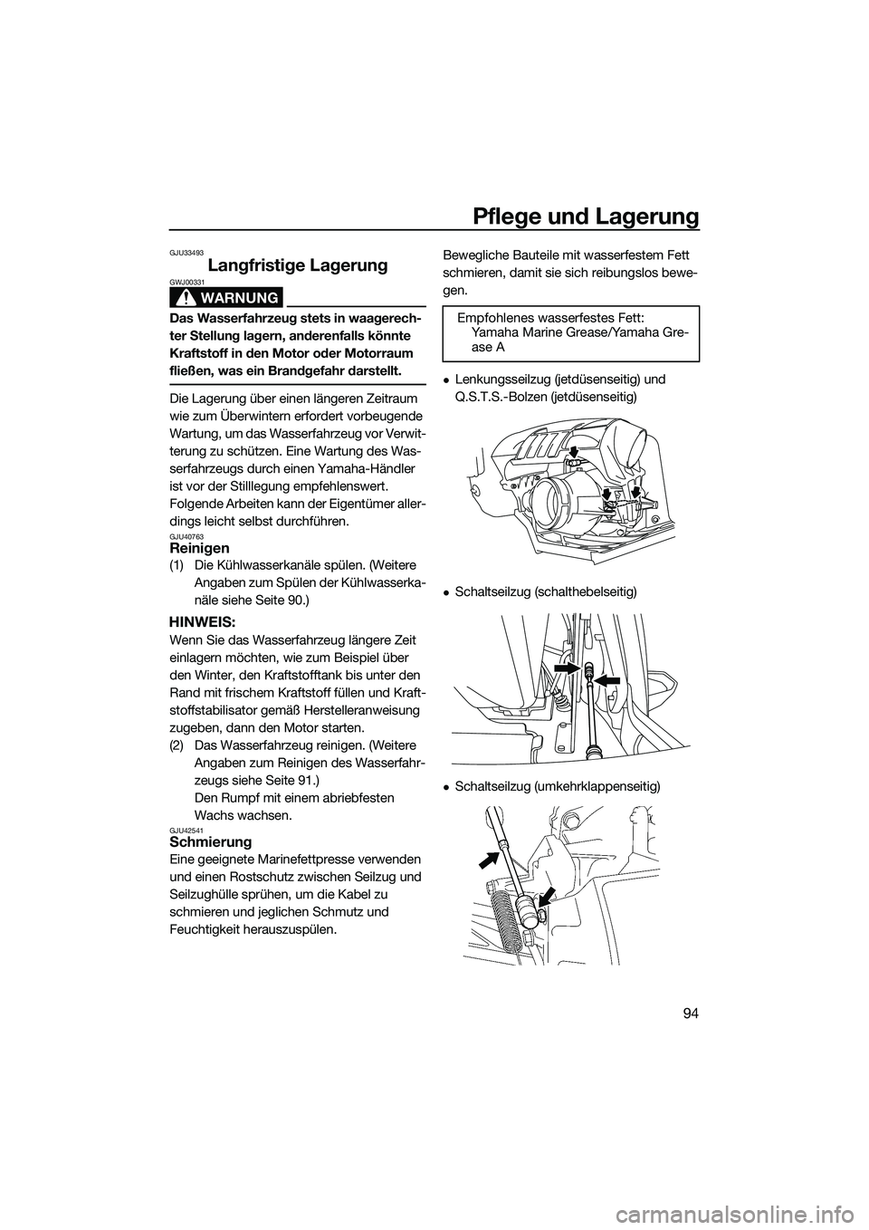 YAMAHA FX HO 2014 Betriebsanleitungen (in German) Pflege und Lagerung
94
GJU33493
Langfristige Lagerung
WARNUNG
GWJ00331
Das Wasserfahrzeug stets in waagerech-
ter Stellung lagern, anderenfalls könnte
Kraftstoff in den Motor oder Motorraum
fließe YAMAHA FX HO 2014 Betriebsanleitungen (in German) Pflege und Lagerung
94
GJU33493
Langfristige Lagerung
WARNUNG
GWJ00331
Das Wasserfahrzeug stets in waagerech-
ter Stellung lagern, anderenfalls könnte
Kraftstoff in den Motor oder Motorraum
fließe