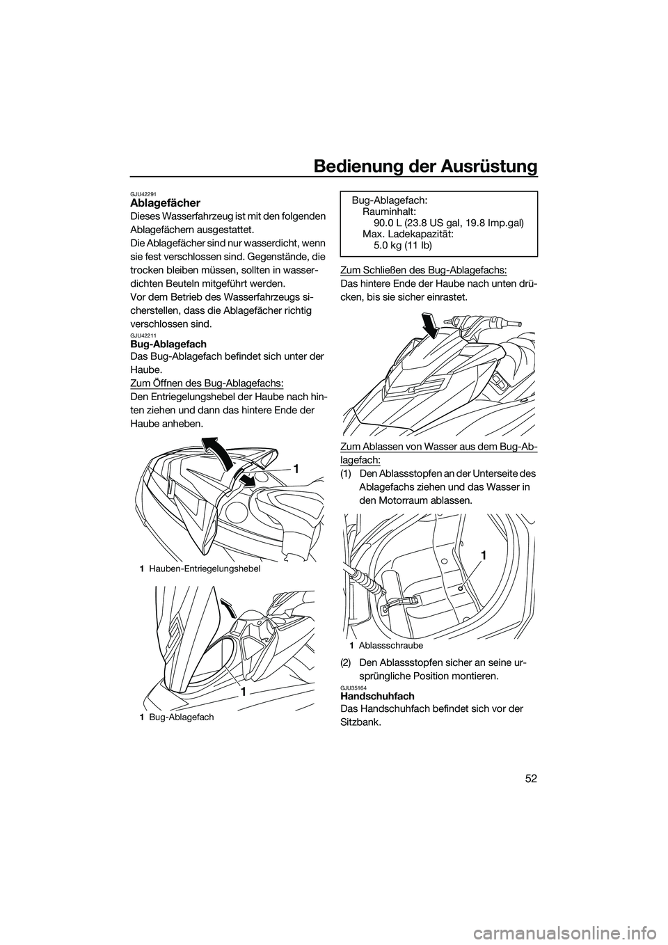 YAMAHA FX HO 2014 Betriebsanleitungen (in German) Bedienung der Ausrüstung
52
GJU42291Ablagefächer
Dieses Wasserfahrzeug ist mit den folgenden
Ablagefächern ausgestattet.
Die Ablagefächer sind nur wasserdicht, wenn
sie fest verschlossen sind. G YAMAHA FX HO 2014 Betriebsanleitungen (in German) Bedienung der Ausrüstung
52
GJU42291Ablagefächer
Dieses Wasserfahrzeug ist mit den folgenden
Ablagefächern ausgestattet.
Die Ablagefächer sind nur wasserdicht, wenn
sie fest verschlossen sind. G