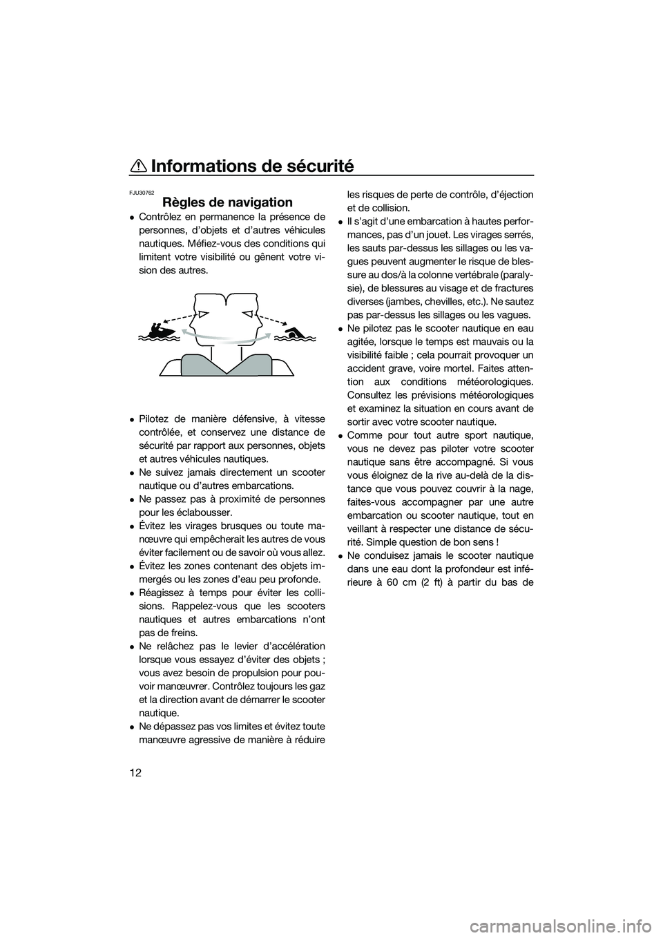 YAMAHA FX HO 2014 Notices Demploi (in French) Informations de sécurité
12
FJU30762
Règles de navigation
Contrôlez en permanence la présence de
personnes, d’objets et d’autres véhicules
nautiques. Méfiez-vous des conditions qui
limit YAMAHA FX HO 2014 Notices Demploi (in French) Informations de sécurité
12
FJU30762
Règles de navigation
Contrôlez en permanence la présence de
personnes, d’objets et d’autres véhicules
nautiques. Méfiez-vous des conditions qui
limit