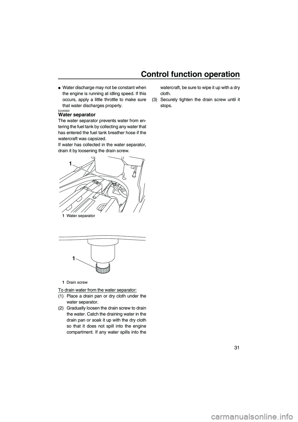 YAMAHA FX HO CRUISER 2013  Owners Manual Control function operation
31
●Water discharge may not be constant when
the engine is running at idling speed. If this
occurs, apply a little throttle to make sure
that water discharges properly.
EJ