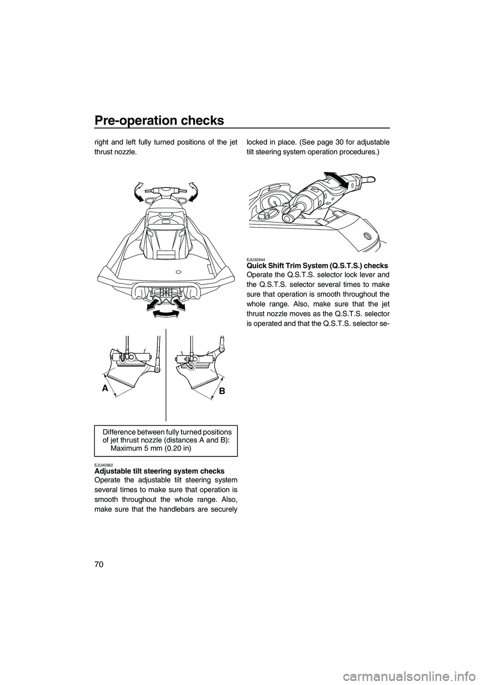 YAMAHA FX HO 2013  Owners Manual Pre-operation checks
70
right and left fully turned positions of the jet
thrust nozzle.
EJU40362Adjustable tilt steering system checks 
Operate the adjustable tilt steering system
several times to mak