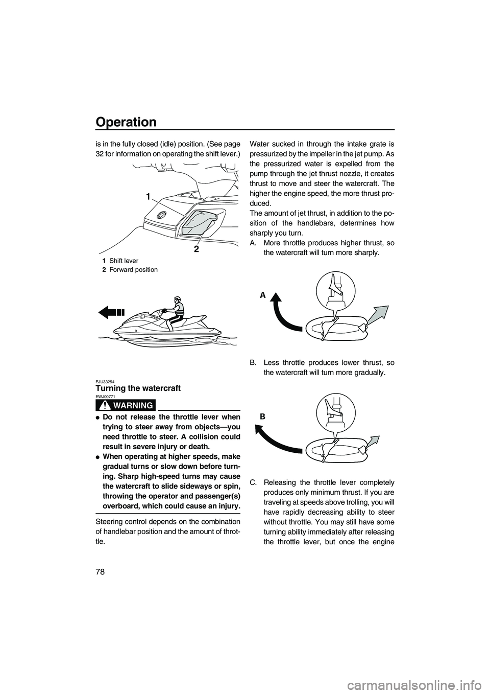 YAMAHA FX HO CRUISER 2013  Owners Manual Operation
78
is in the fully closed (idle) position. (See page
32 for information on operating the shift lever.)
EJU33254Turning the watercraft 
WARNING
EWJ00771
●Do not release the throttle lever w