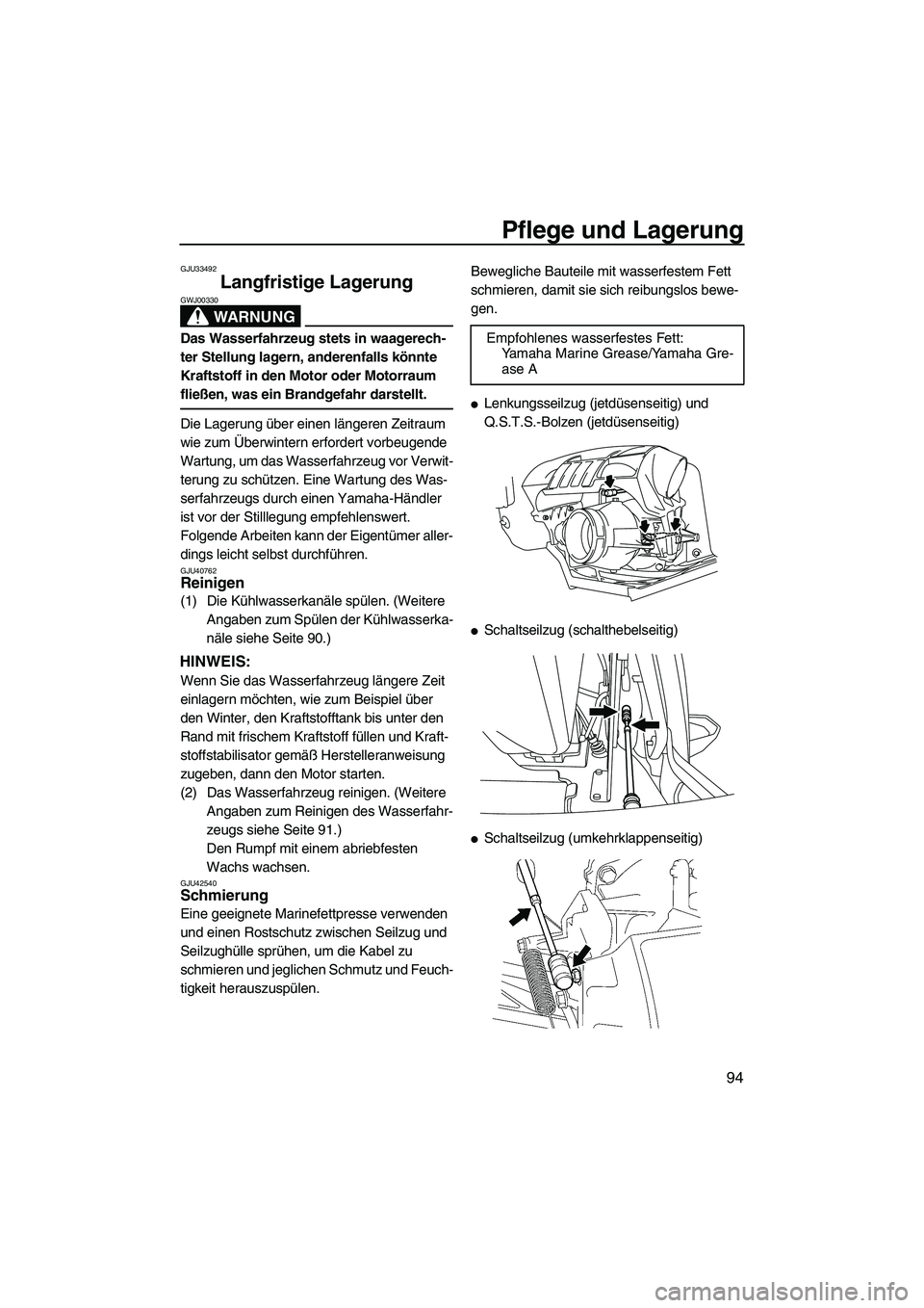 YAMAHA FX HO 2013 Betriebsanleitungen (in German) Pflege und Lagerung
94
GJU33492
Langfristige Lagerung
WARNUNG
GWJ00330
Das Wasserfahrzeug stets in waagerech-
ter Stellung lagern, anderenfalls könnte
Kraftstoff in den Motor oder Motorraum
fließ YAMAHA FX HO 2013 Betriebsanleitungen (in German) Pflege und Lagerung
94
GJU33492
Langfristige Lagerung
WARNUNG
GWJ00330
Das Wasserfahrzeug stets in waagerech-
ter Stellung lagern, anderenfalls könnte
Kraftstoff in den Motor oder Motorraum
fließ