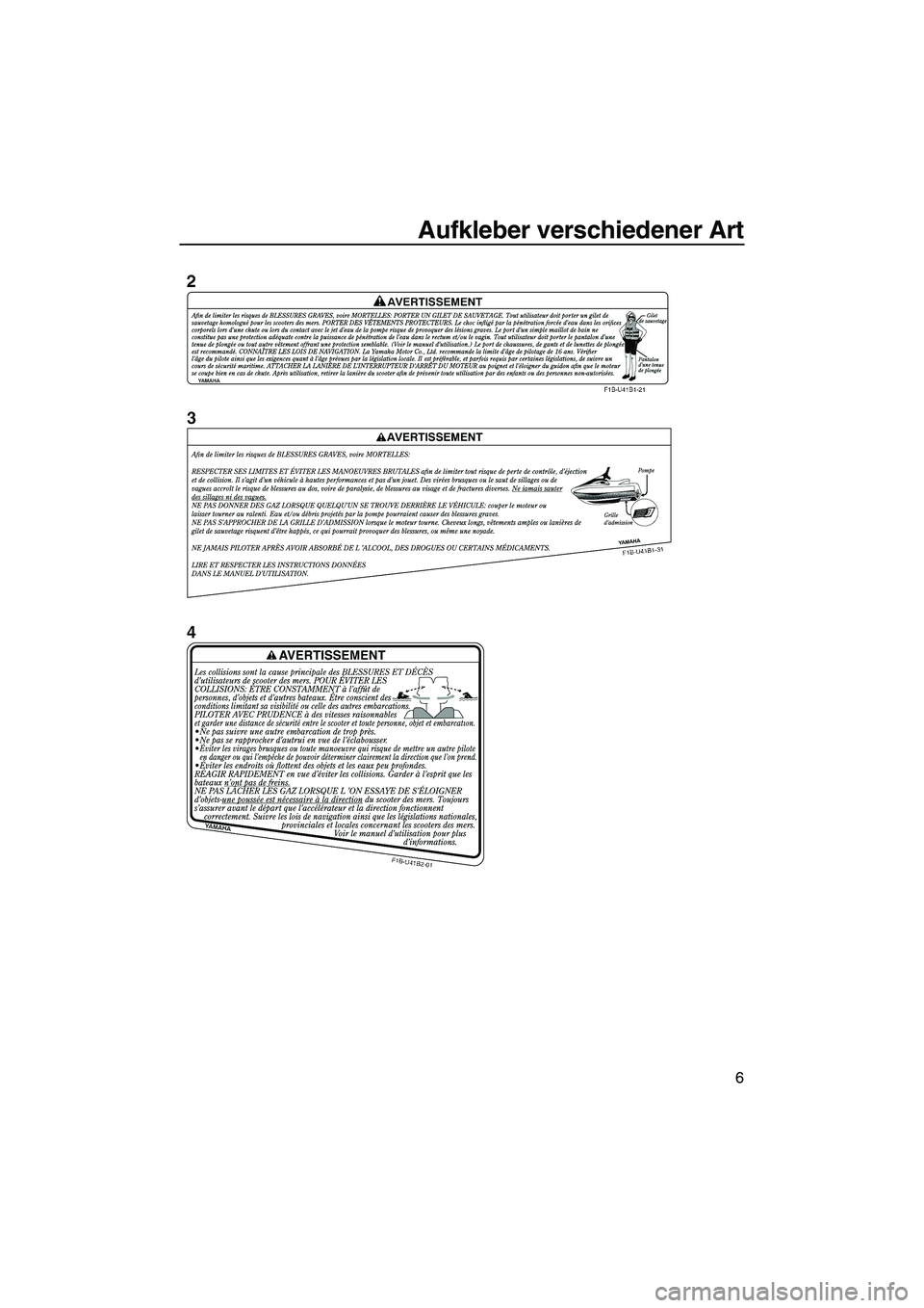 YAMAHA FX HO 2013  Betriebsanleitungen (in German) Aufkleber verschiedener Art
6
UF2T71G0.book  Page 6  Friday, July 13, 2012  3:52 PM 