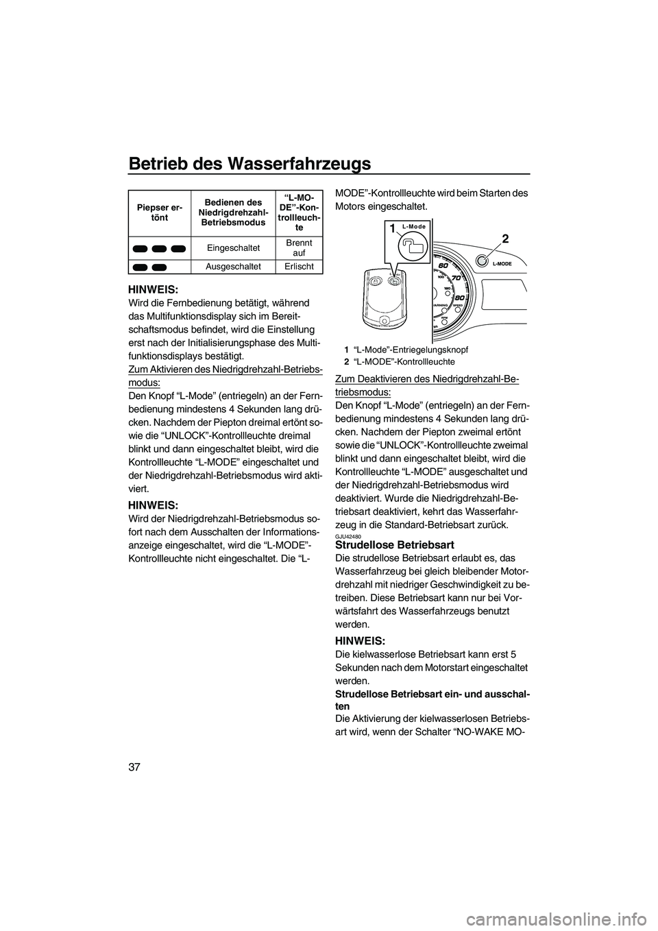 YAMAHA FX HO 2013 Betriebsanleitungen (in German) Betrieb des Wasserfahrzeugs
37
HINWEIS:
Wird die Fernbedienung betätigt, während
das Multifunktionsdisplay sich im Bereit-
schaftsmodus befindet, wird die Einstellung
erst nach der Initialisierung YAMAHA FX HO 2013 Betriebsanleitungen (in German) Betrieb des Wasserfahrzeugs
37
HINWEIS:
Wird die Fernbedienung betätigt, während
das Multifunktionsdisplay sich im Bereit-
schaftsmodus befindet, wird die Einstellung
erst nach der Initialisierung
