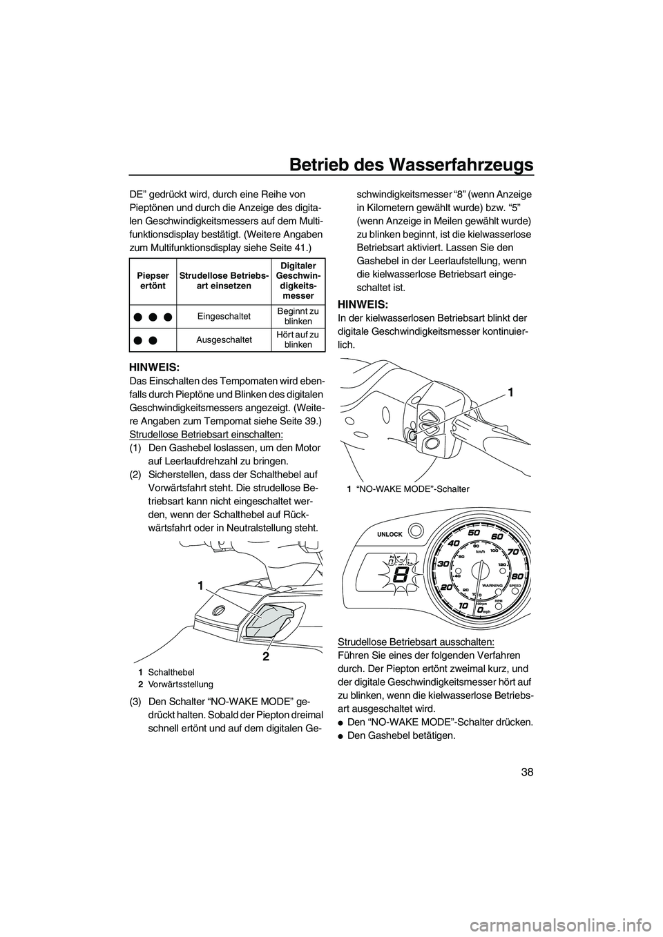 YAMAHA FX HO 2013 Betriebsanleitungen (in German) Betrieb des Wasserfahrzeugs
38
DE” gedrückt wird, durch eine Reihe von
Pieptönen und durch die Anzeige des digita-
len Geschwindigkeitsmessers auf dem Multi-
funktionsdisplay bestätigt. (Weitere YAMAHA FX HO 2013 Betriebsanleitungen (in German) Betrieb des Wasserfahrzeugs
38
DE” gedrückt wird, durch eine Reihe von
Pieptönen und durch die Anzeige des digita-
len Geschwindigkeitsmessers auf dem Multi-
funktionsdisplay bestätigt. (Weitere