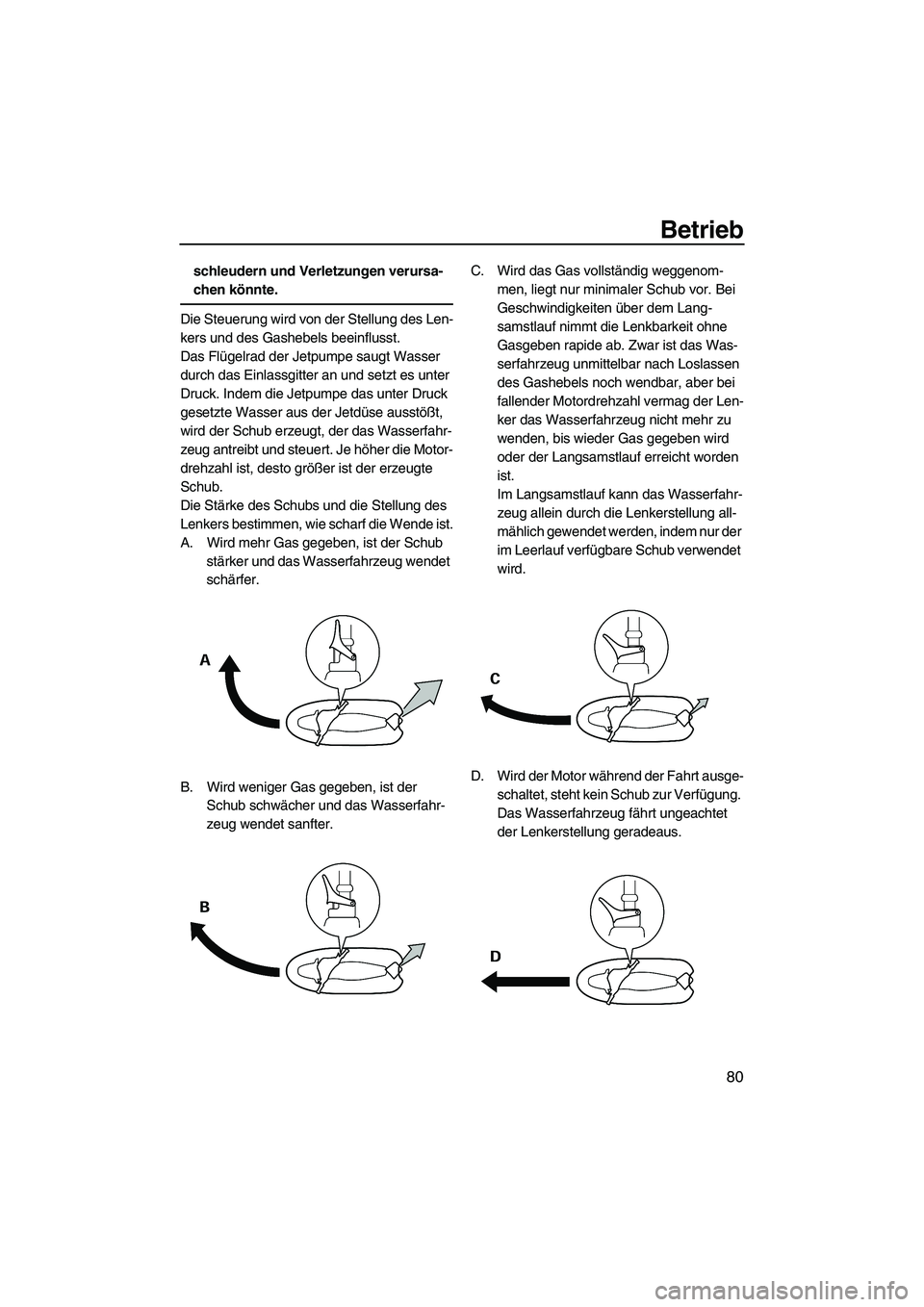 YAMAHA FX HO 2013 Betriebsanleitungen (in German) Betrieb
80
schleudern und Verletzungen verursa-
chen könnte.
Die Steuerung wird von der Stellung des Len-
kers und des Gashebels beeinflusst.
Das Flügelrad der Jetpumpe saugt Wasser
durch das Einla YAMAHA FX HO 2013 Betriebsanleitungen (in German) Betrieb
80
schleudern und Verletzungen verursa-
chen könnte.
Die Steuerung wird von der Stellung des Len-
kers und des Gashebels beeinflusst.
Das Flügelrad der Jetpumpe saugt Wasser
durch das Einla