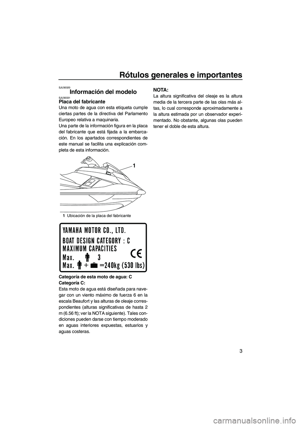 YAMAHA FX HO CRUISER 2013  Manuale de Empleo (in Spanish) Rótulos generales e importantes
3
SJU30320
Información del modelo SJU30331Placa del fabricante 
Una moto de agua con esta etiqueta cumple
ciertas partes de la directiva del Parlamento
Europeo relati