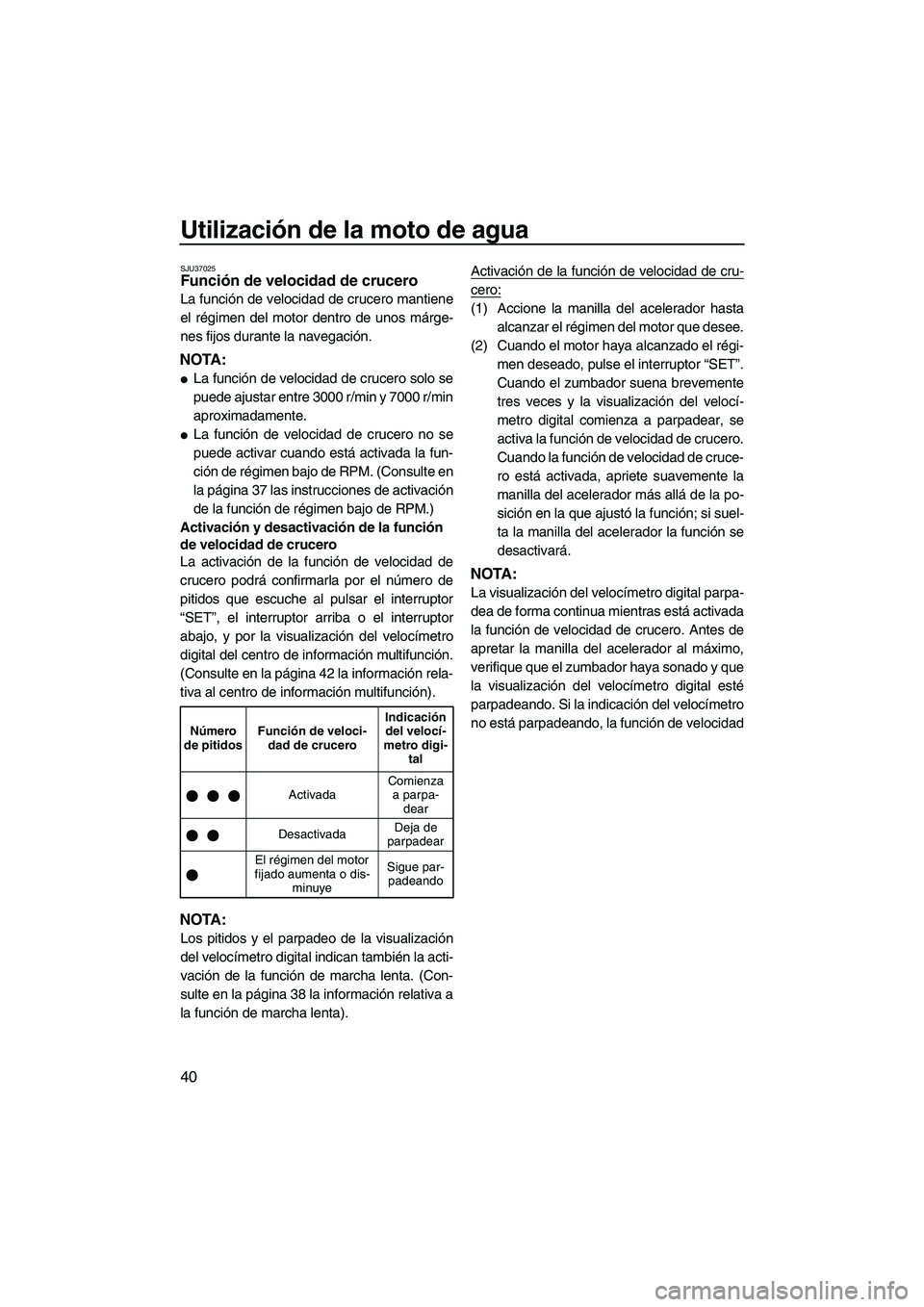 YAMAHA FX HO CRUISER 2013  Manuale de Empleo (in Spanish) Utilización de la moto de agua
40
SJU37025Función de velocidad de crucero 
La función de velocidad de crucero mantiene
el régimen del motor dentro de unos márge-
nes fijos durante la navegación.