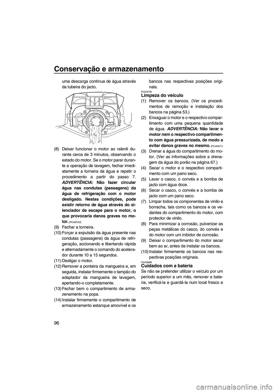 YAMAHA FX HO 2013  Manual de utilização (in Portuguese) Conservação e armazenamento
96
uma descarga contínua de água através
da tubeira do jacto.
(8) Deixar funcionar o motor ao ralenti du- rante cerca de 3 minutos, observando o
estado do motor. Se o 