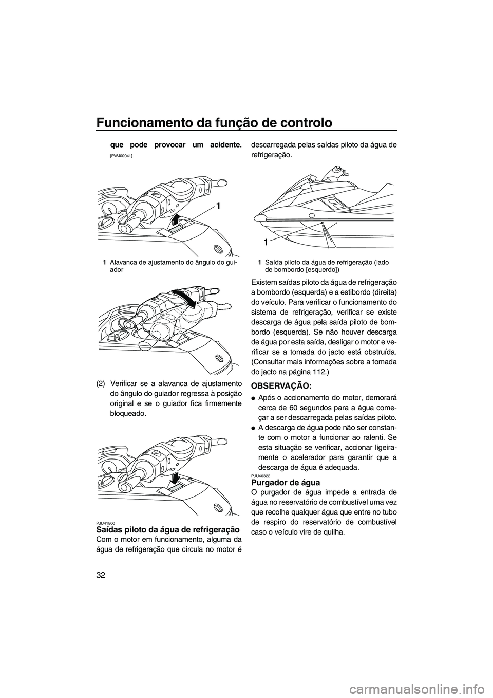 YAMAHA FX HO 2013  Manual de utilização (in Portuguese) Funcionamento da função de controlo
32
que pode provocar um acidente.
[PWJ00041]
(2) Verificar se a alavanca de ajustamentodo ângulo do guiador regressa à posição
original e se o guiador fica fi