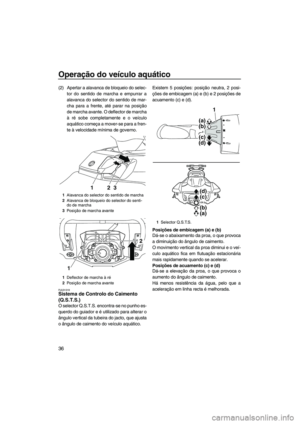 YAMAHA FX HO 2013  Manual de utilização (in Portuguese) Operação do veículo aquático
36
(2) Apertar a alavanca de bloqueio do selec-tor do sentido de marcha e empurrar a
alavanca do selector do sentido de mar-
cha para a frente, até parar na posição