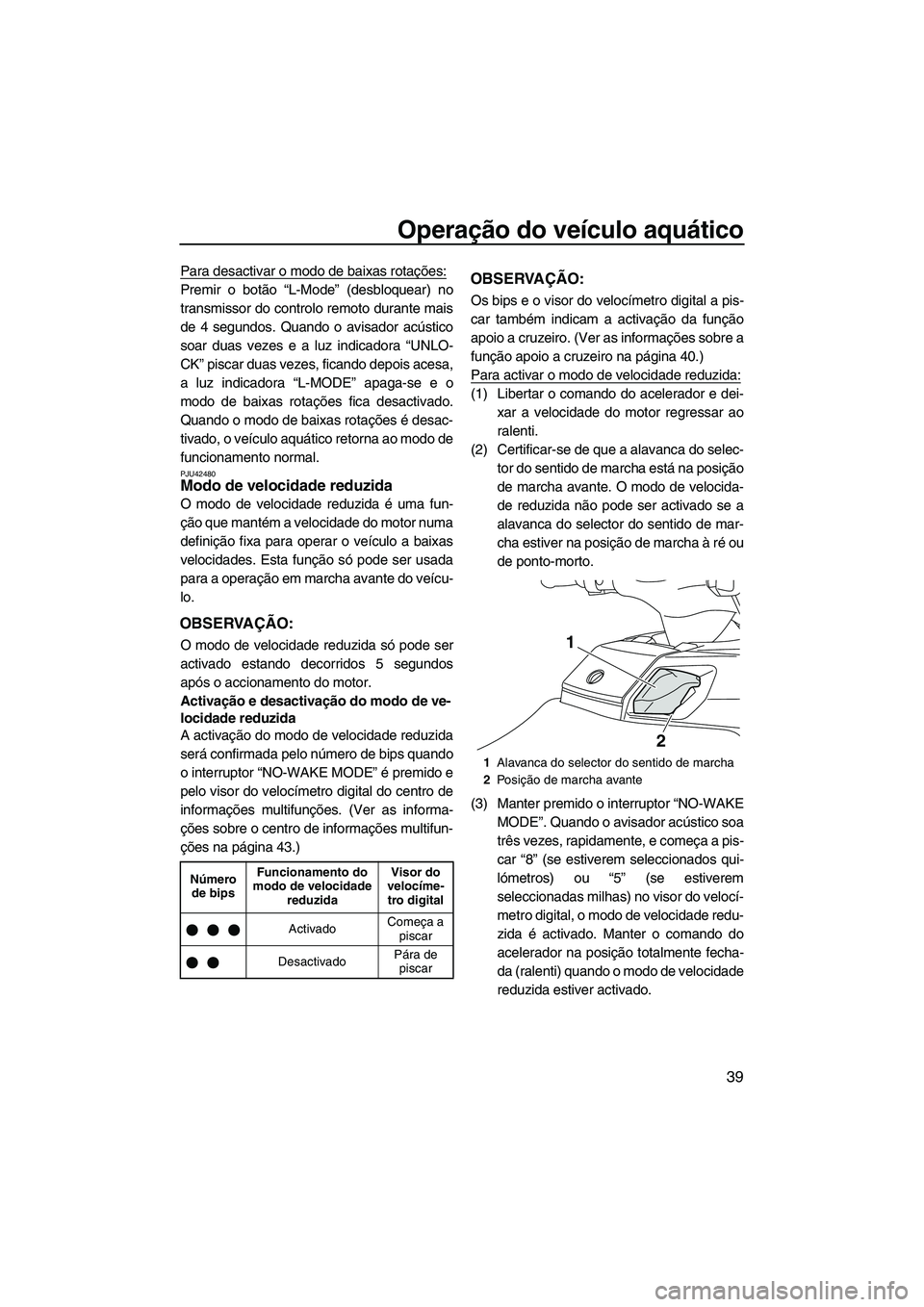 YAMAHA FX HO 2013  Manual de utilização (in Portuguese) Operação do veículo aquático
39
Para desactivar o modo de baixas rotações:
Premir o botão “L-Mode” (desbloquear) no
transmissor do controlo remoto durante mais
de 4 segundos. Quando o avisa