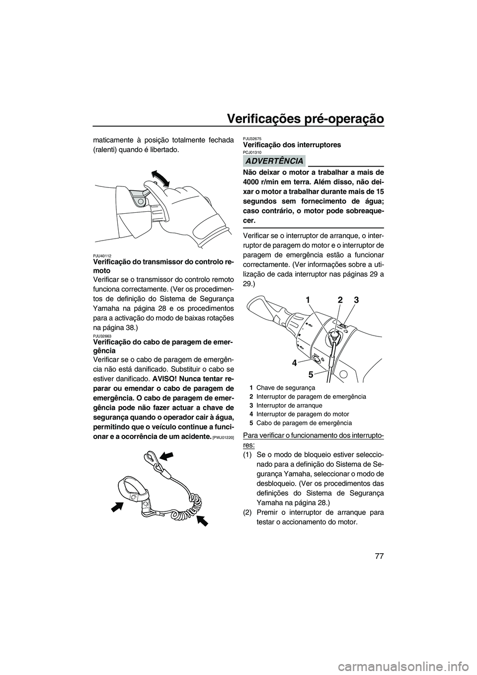 YAMAHA FX HO 2013  Manual de utilização (in Portuguese) Verificações pré-operação
77
maticamente à posição totalmente fechada
(ralenti) quando é libertado.
PJU40112Verificação do transmissor do controlo re-
moto 
Verificar se o transmissor do co