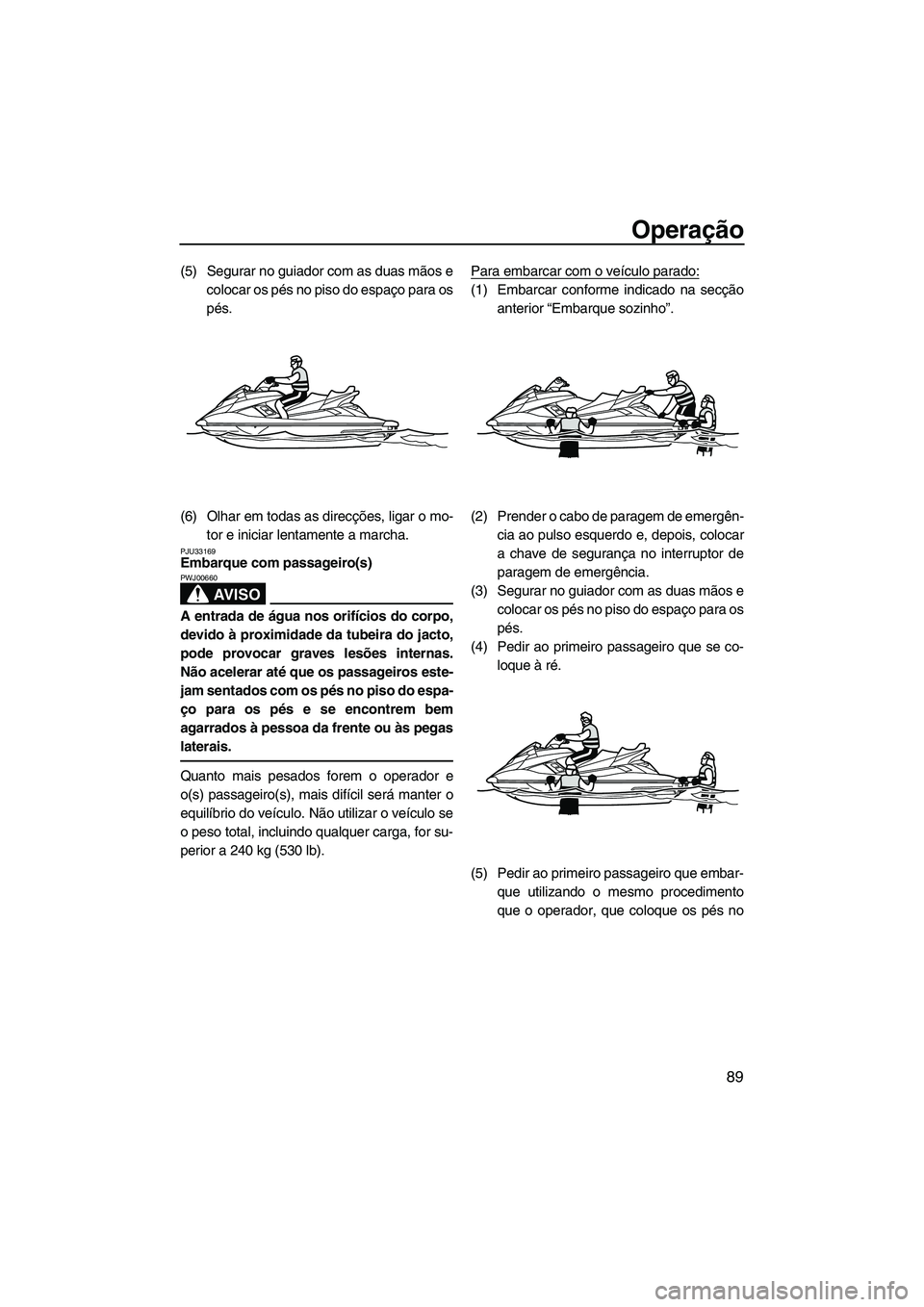 YAMAHA FX HO 2013  Manual de utilização (in Portuguese) Operação
89
(5) Segurar no guiador com as duas mãos ecolocar os pés no piso do espaço para os
pés.
(6) Olhar em todas as direcções, ligar o mo- tor e iniciar lentamente a marcha.
PJU33169Embar