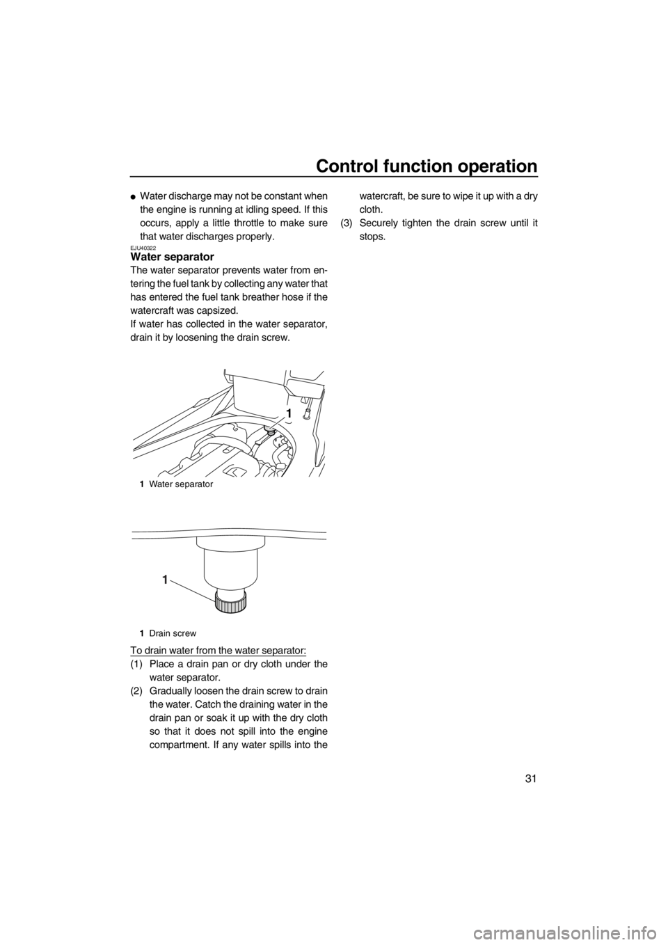 YAMAHA FX HO 2012  Owners Manual Control function operation
31
●Water discharge may not be constant when
the engine is running at idling speed. If this
occurs, apply a little throttle to make sure
that water discharges properly.
EJ