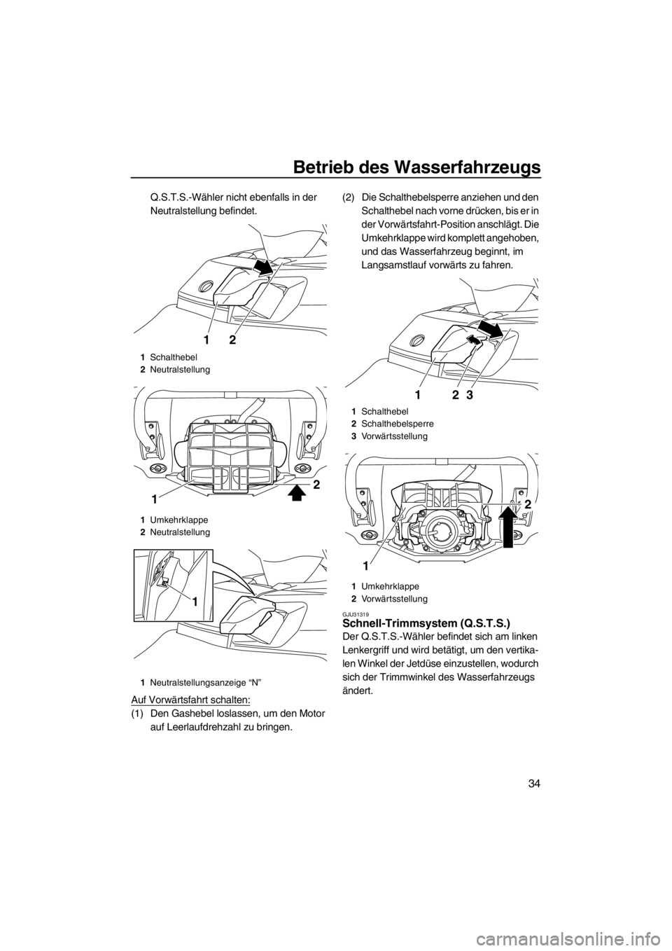 YAMAHA FX HO 2012  Betriebsanleitungen (in German) Betrieb des Wasserfahrzeugs
34
Q.S.T.S.-Wähler nicht ebenfalls in der 
Neutralstellung befindet.
Auf Vorwärtsfahrt schalten:
(1) Den Gashebel loslassen, um den Motor 
auf Leerlaufdrehzahl zu bringen