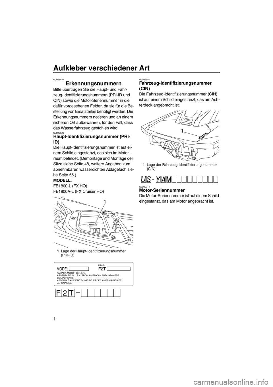 YAMAHA FX HO 2012 Betriebsanleitungen (in German) Aufkleber verschiedener Art
1
GJU36451
Erkennungsnummern
Bitte übertragen Sie die Haupt- und Fahr-
zeug-Identifizierungsnummern (PRI-ID und
CIN) sowie die Motor-Seriennummer in die
dafür vorgeseh YAMAHA FX HO 2012 Betriebsanleitungen (in German) Aufkleber verschiedener Art
1
GJU36451
Erkennungsnummern
Bitte übertragen Sie die Haupt- und Fahr-
zeug-Identifizierungsnummern (PRI-ID und
CIN) sowie die Motor-Seriennummer in die
dafür vorgeseh