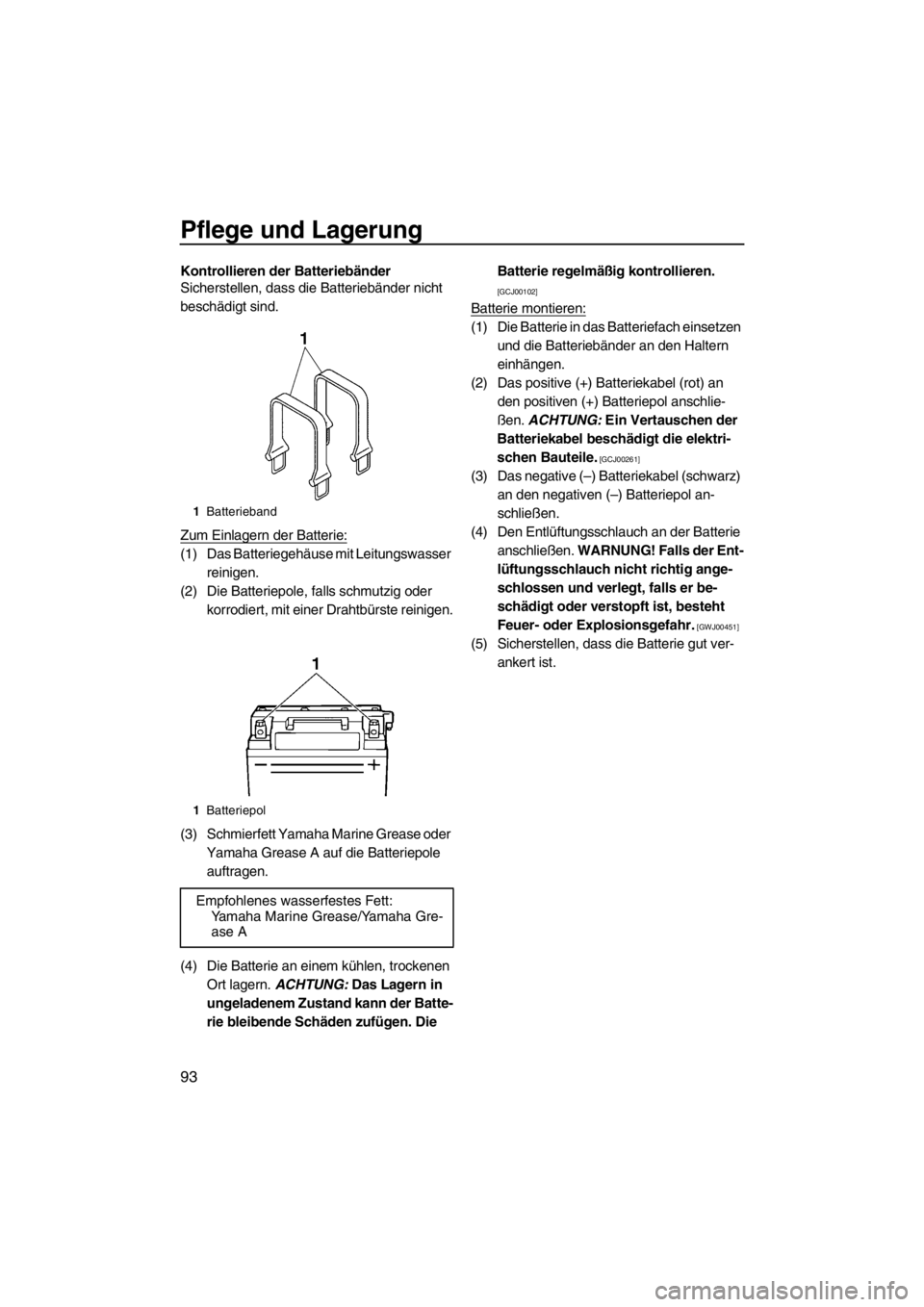 YAMAHA FX HO 2012 Betriebsanleitungen (in German) Pflege und Lagerung
93
Kontrollieren der Batteriebänder
Sicherstellen, dass die Batteriebänder nicht
beschädigt sind.
Zum Einlagern der Batterie:
(1) Das Batteriegehäuse mit Leitungswasser
reini YAMAHA FX HO 2012 Betriebsanleitungen (in German) Pflege und Lagerung
93
Kontrollieren der Batteriebänder
Sicherstellen, dass die Batteriebänder nicht
beschädigt sind.
Zum Einlagern der Batterie:
(1) Das Batteriegehäuse mit Leitungswasser
reini