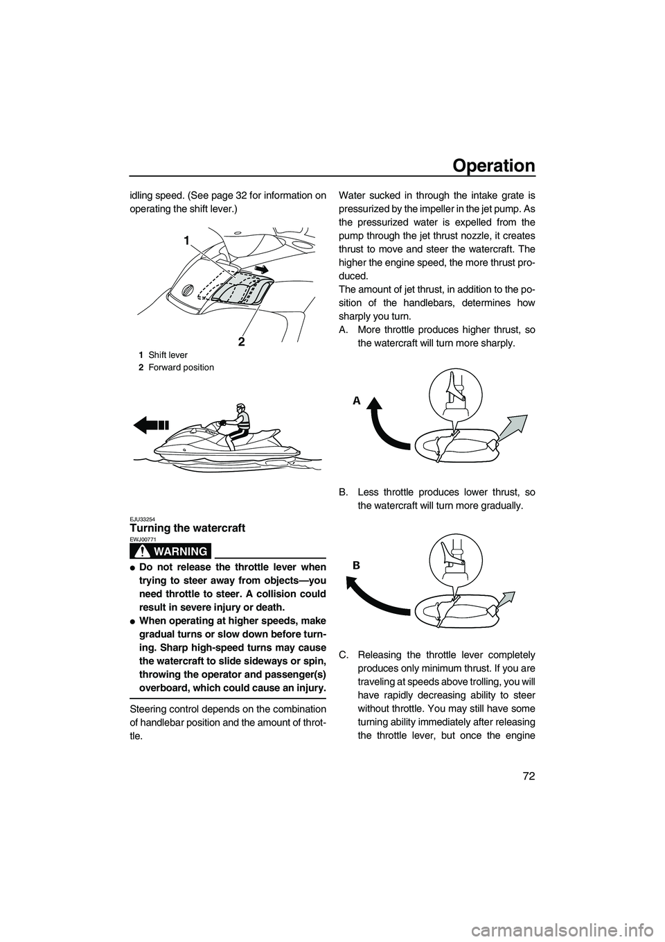 YAMAHA FX HO 2010  Owners Manual Operation
72
idling speed. (See page 32 for information on
operating the shift lever.)
EJU33254Turning the watercraft 
WARNING
EWJ00771
Do not release the throttle lever when
trying to steer away fro
