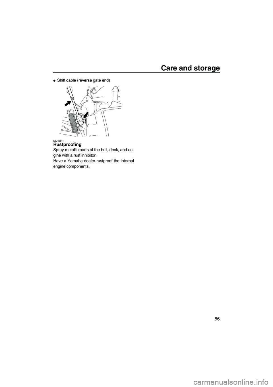 YAMAHA FX HO 2010  Owners Manual Care and storage
86
Shift cable (reverse gate end)
EJU40811Rustproofing 
Spray metallic parts of the hull, deck, and en-
gine with a rust inhibitor.
Have a Yamaha dealer rustproof the internal
engine