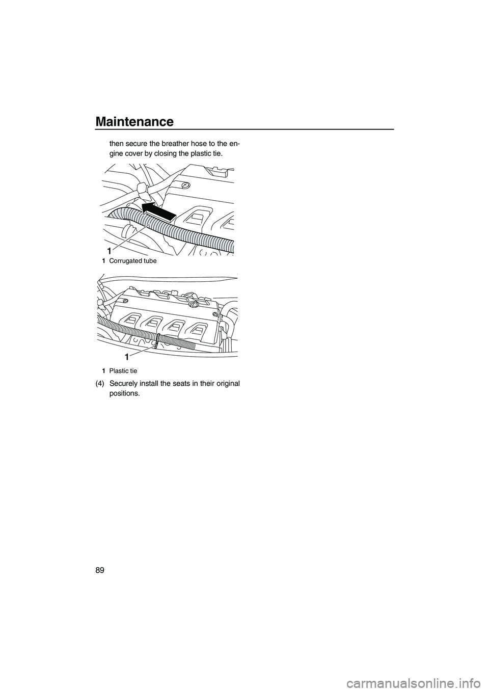 YAMAHA FX HO 2010  Owners Manual Maintenance
89
then secure the breather hose to the en-
gine cover by closing the plastic tie.
(4) Securely install the seats in their original
positions.
1Corrugated tube
1Plastic tie
1
1
UF2H71E0.bo