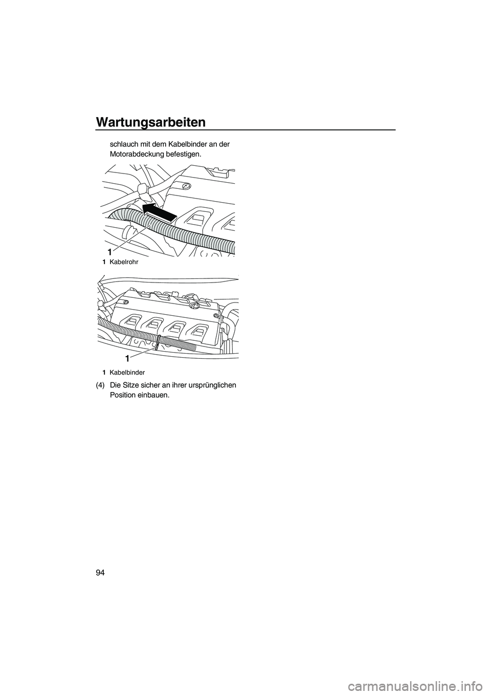 YAMAHA FX HO CRUISER 2010  Betriebsanleitungen (in German) Wartungsarbeiten
94
schlauch mit dem Kabelbinder an der 
Motorabdeckung befestigen.
(4) Die Sitze sicher an ihrer ursprünglichen 
Position einbauen.
1Kabelrohr
1Kabelbinder
1
1
UF2H71G0.book  Page 94