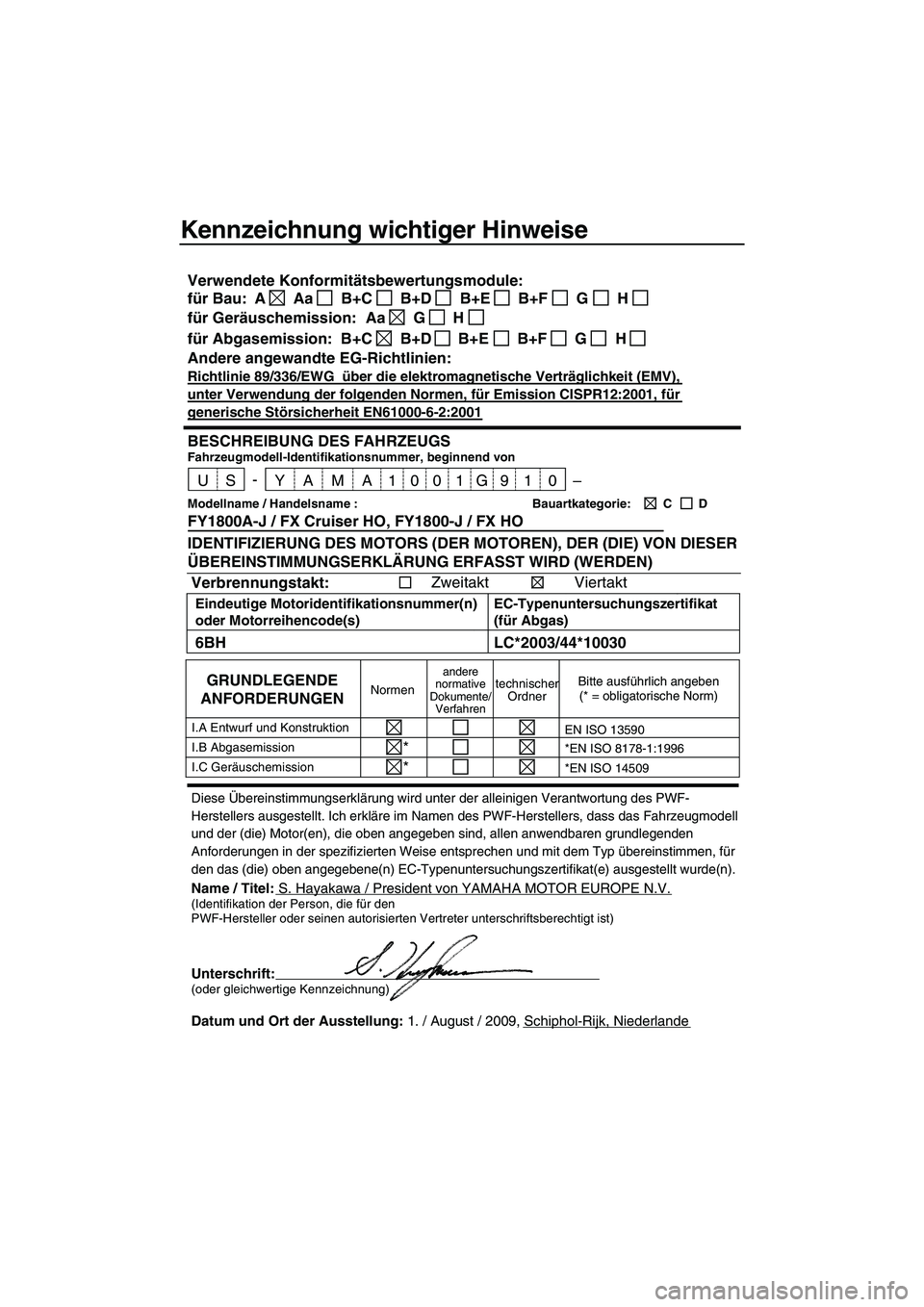 YAMAHA FX HO 2010 Betriebsanleitungen (in German) Kennzeichnung wichtiger Hinweise
Diese Übereinstimmungserklärung wird unter der alleinigen Verantwortung des PWF-
Herstellers ausgestellt. Ich erkläre im Namen des PWF-Herstellers, dass das Fahrzeu YAMAHA FX HO 2010 Betriebsanleitungen (in German) Kennzeichnung wichtiger Hinweise
Diese Übereinstimmungserklärung wird unter der alleinigen Verantwortung des PWF-
Herstellers ausgestellt. Ich erkläre im Namen des PWF-Herstellers, dass das Fahrzeu