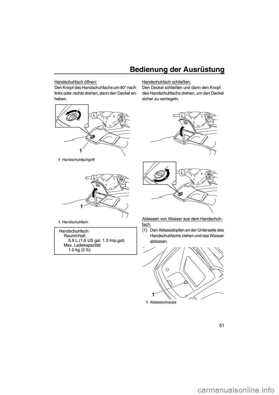 YAMAHA FX HO CRUISER 2010  Betriebsanleitungen (in German) Bedienung der Ausrüstung
51
Handschuhfach öffnen:
Den Knopf des Handschuhfachs um 90° nach 
links oder rechts drehen, dann den Deckel an-
heben.Handschuhfach schließen:Den Deckel schließen und da