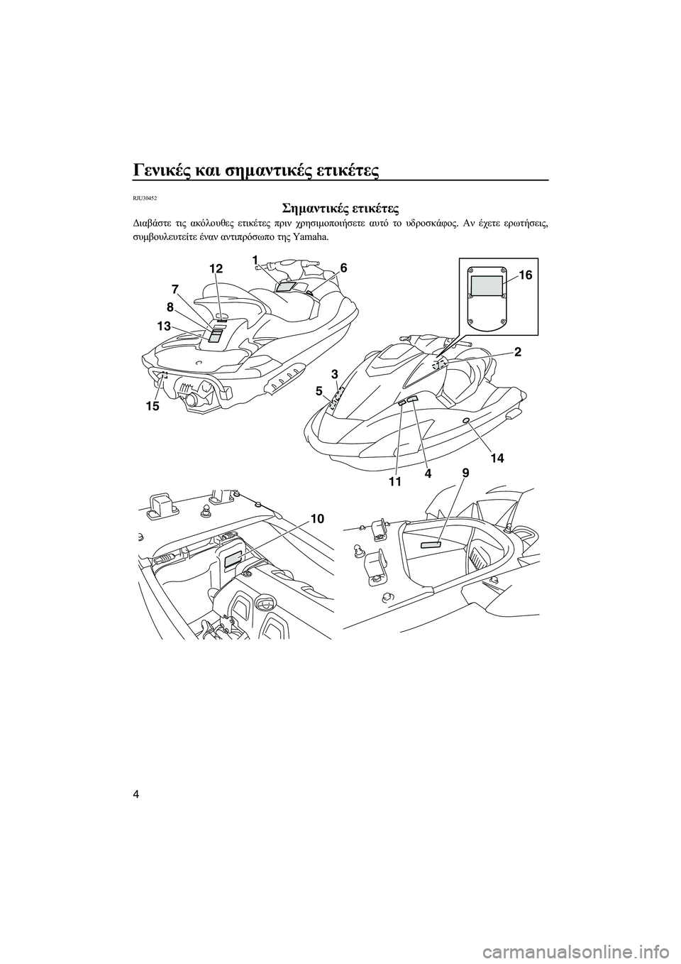 YAMAHA FX HO 2010  ΟΔΗΓΌΣ ΧΡΉΣΗΣ (in Greek) Γενικές και σηµαντικές ετικέτες
4
RJU30452
Σηµαντικές ετικέτες 
∆ιαβάστε τις ακόλουθες ετικέτες πριν χρησιµοποι