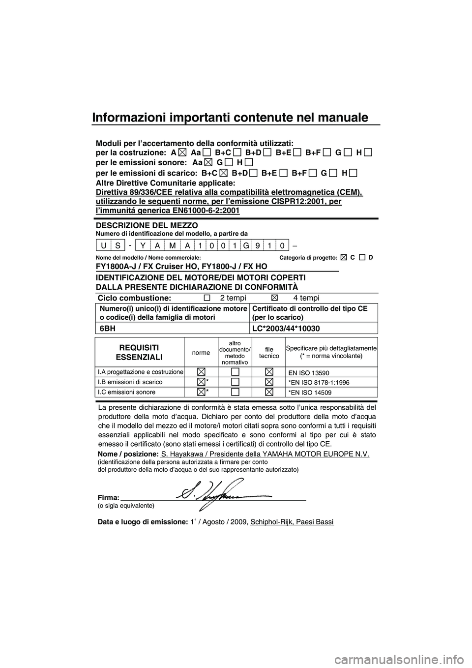 YAMAHA FX HO 2010 Manuale duso (in Italian) Informazioni importanti contenute nel manuale
Nome / posizione:S. Hayakawa / Presidente della YAMAHA MOTOR EUROPE N.V.(identificazione della persona autorizzata a firmare per conto
del produttore dell YAMAHA FX HO 2010 Manuale duso (in Italian) Informazioni importanti contenute nel manuale
Nome / posizione:S. Hayakawa / Presidente della YAMAHA MOTOR EUROPE N.V.(identificazione della persona autorizzata a firmare per conto
del produttore dell