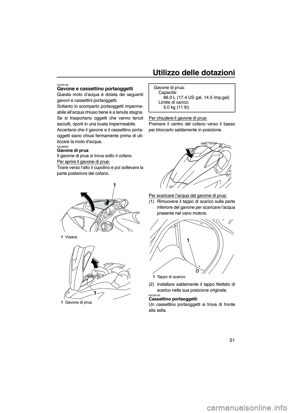 YAMAHA FX HO 2010 Manuale duso (in Italian) Utilizzo delle dotazioni
51
HJU35146Gavone e cassettino portaoggetti
Questa moto d’acqua è dotata dei seguenti
gavoni e cassettini portaoggetti.
Soltanto lo scomparto portaoggetti imperme-
abile a YAMAHA FX HO 2010 Manuale duso (in Italian) Utilizzo delle dotazioni
51
HJU35146Gavone e cassettino portaoggetti
Questa moto d’acqua è dotata dei seguenti
gavoni e cassettini portaoggetti.
Soltanto lo scomparto portaoggetti imperme-
abile a