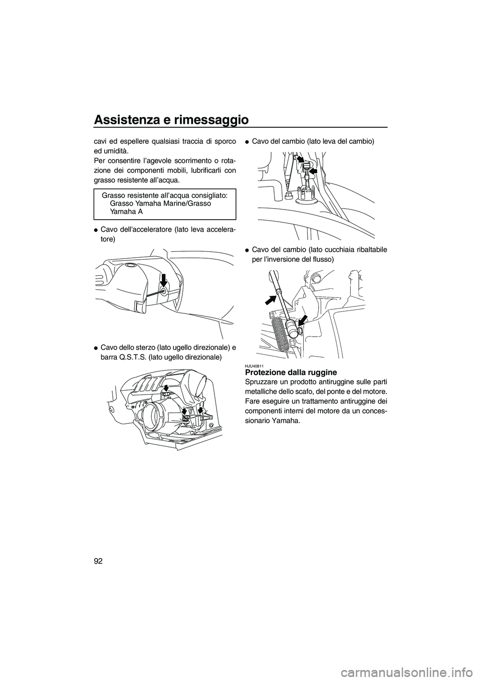 YAMAHA FX HO 2010  Manuale duso (in Italian) Assistenza e rimessaggio
92
cavi ed espellere qualsiasi traccia di sporco
ed umidità.
Per consentire l’agevole scorrimento o rota-
zione dei componenti mobili, lubrificarli con
grasso resistente al