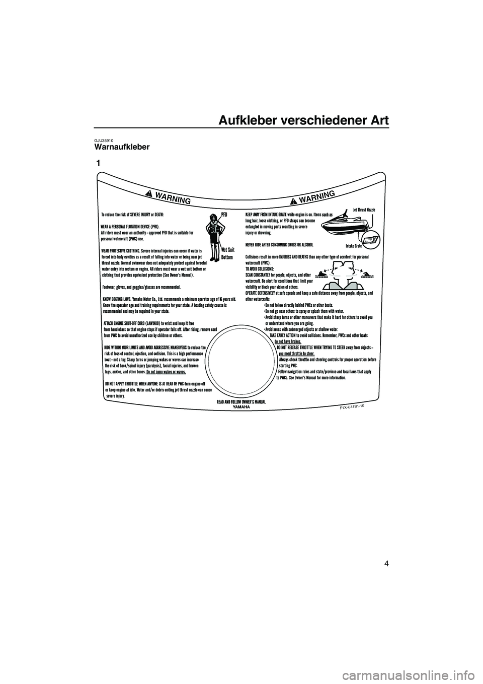 YAMAHA FX HO 2007  Betriebsanleitungen (in German) Aufkleber verschiedener Art
4
GJU35910Warnaufkleber 
UF1X71G0.book  Page 4  Wednesday, September 27, 2006  1:48 PM 